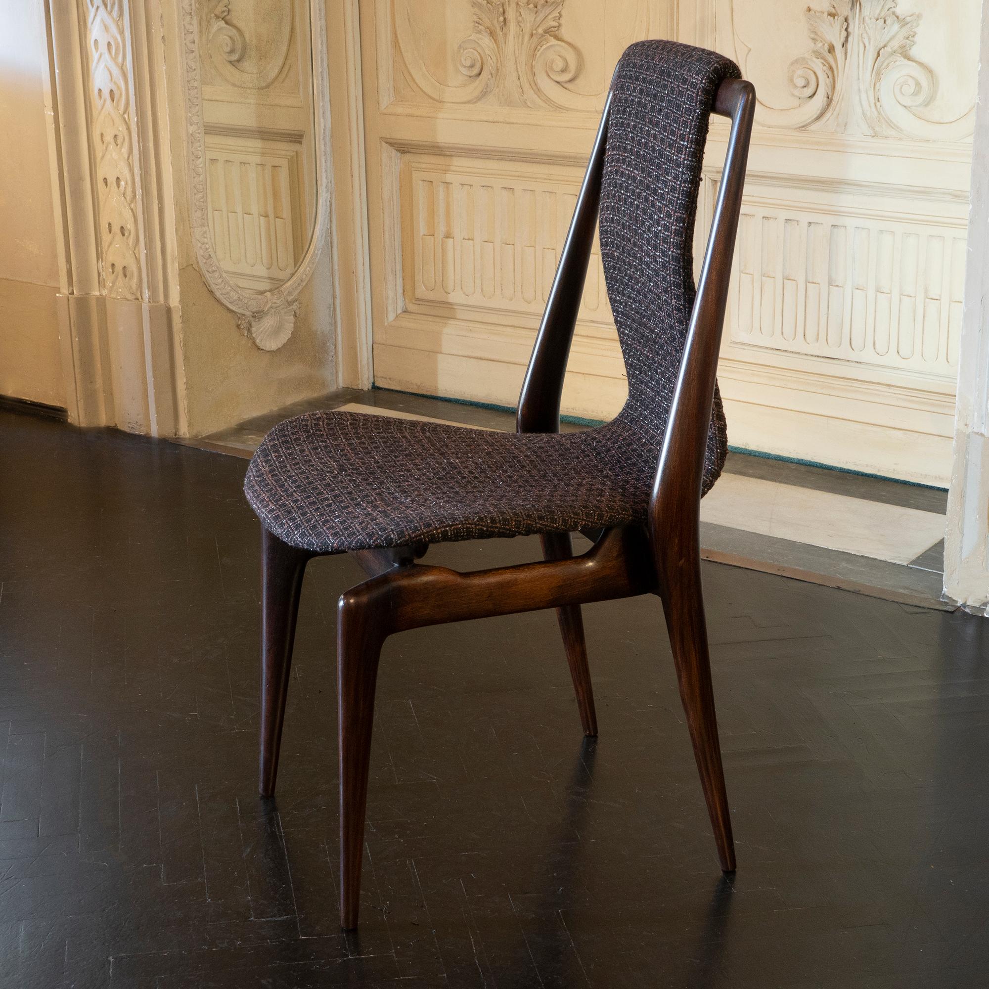 Set of Six Mahogany Dining Chairs, Black/Brown Jacquard Fabric, Italy, 1950s 1