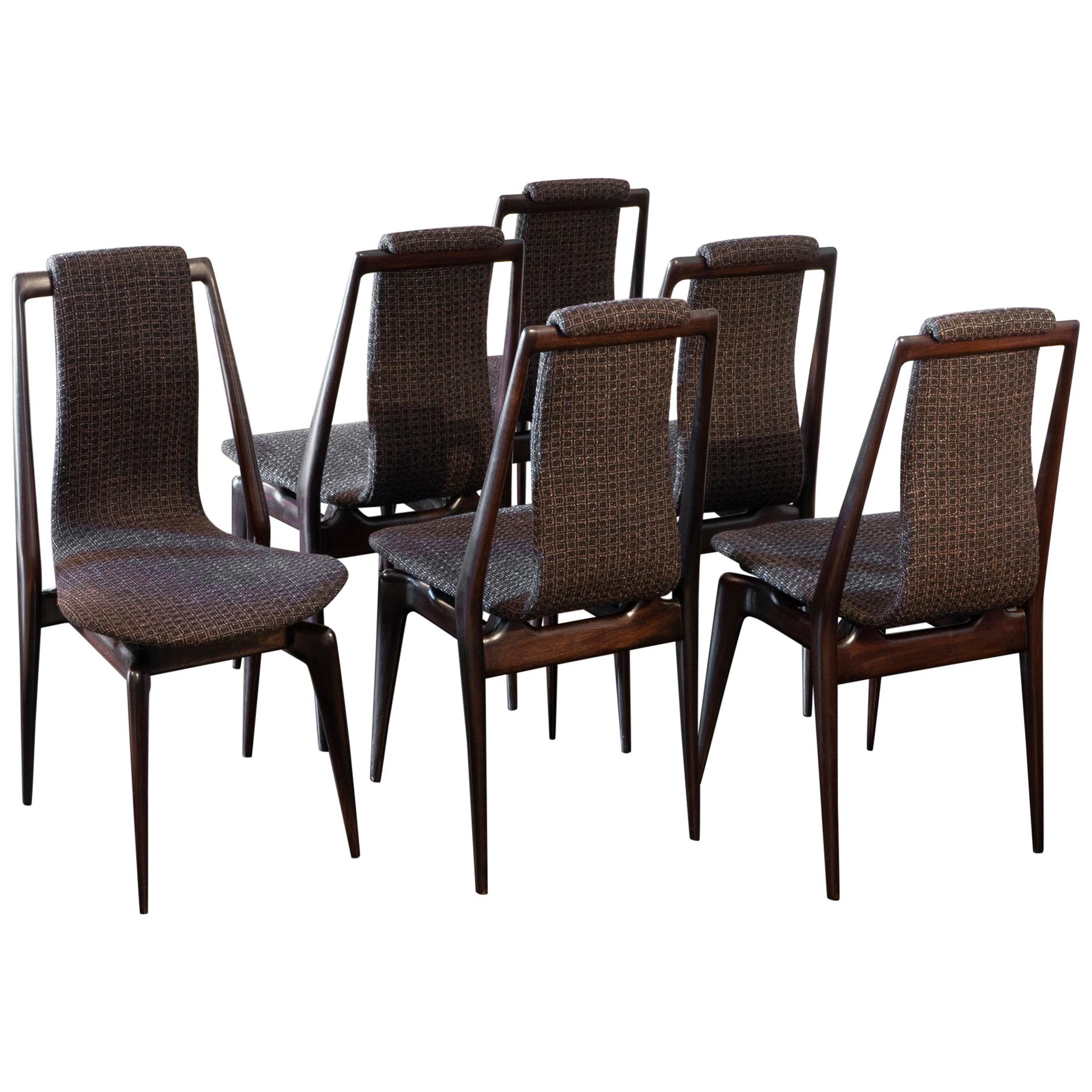 Set of Six Mahogany Dining Chairs, Black/Brown Jacquard Fabric, Italy, 1950s