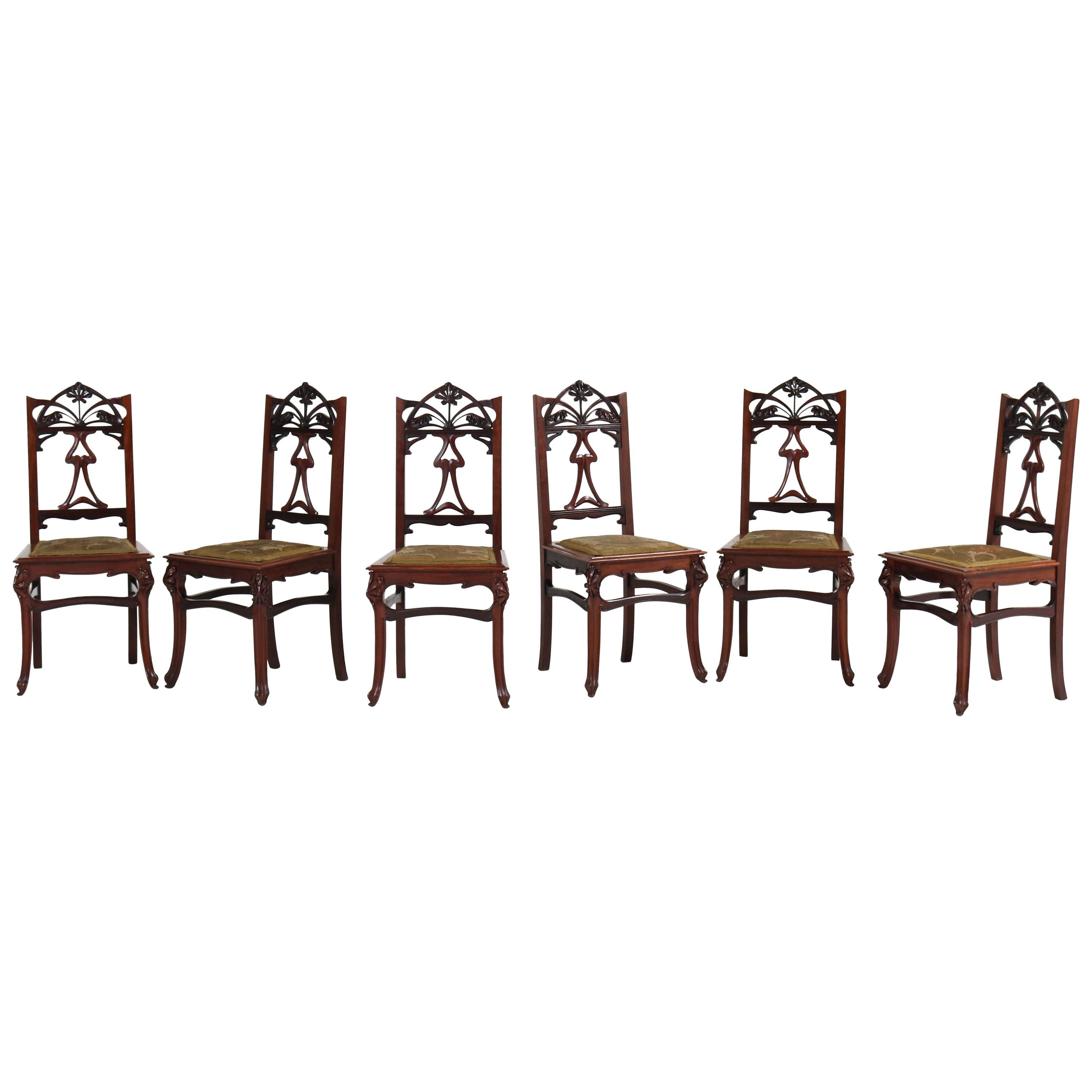 Set of Six Mahogany French Art Nouveau Chairs, 1900s