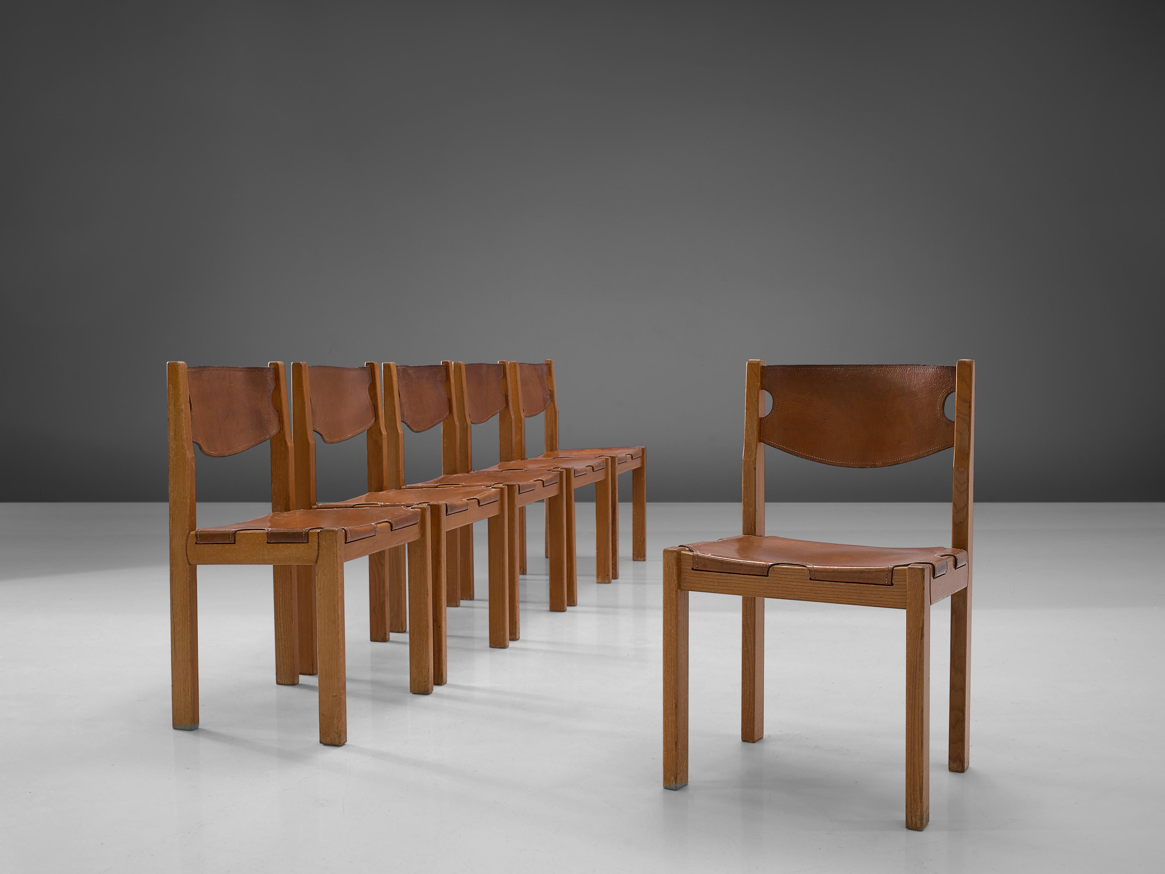Elm Set of Six Maison Regain Dining Chairs in Cognac Leather