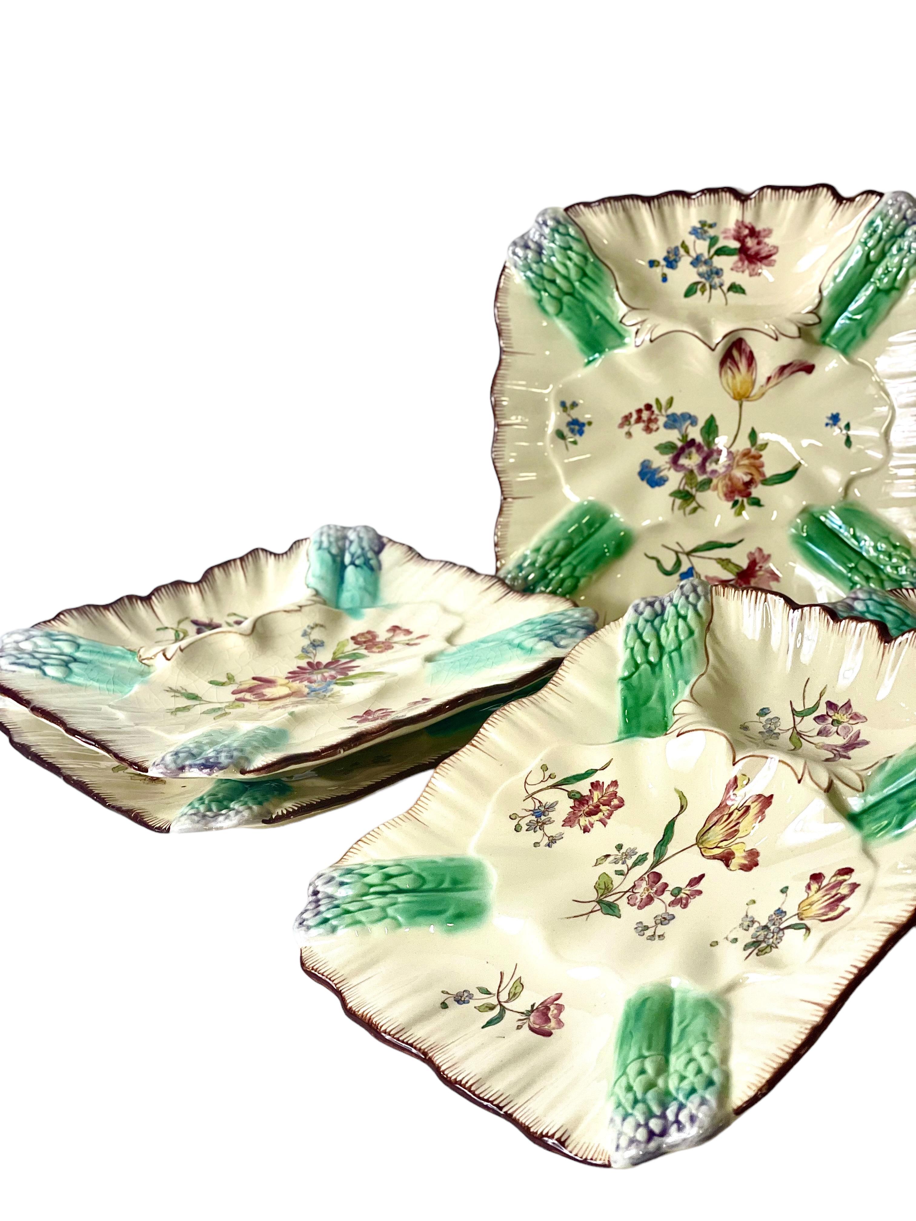 Hand-Painted Set of Six Majolica Glazed Asparagus Serving Plates For Sale