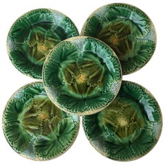 Set of Six Majolica Leaves and Grapes Plates Salins, circa 1890