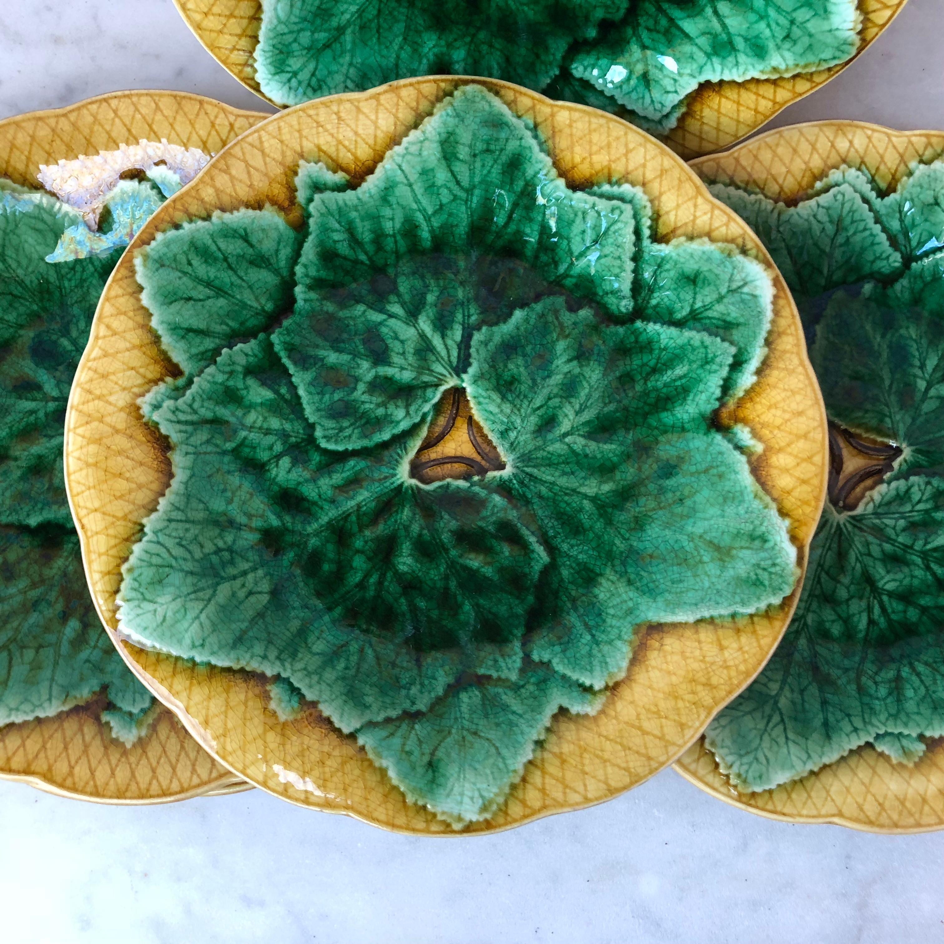 Country Set of Six Majolica Leaves Plates Gien, circa 1880