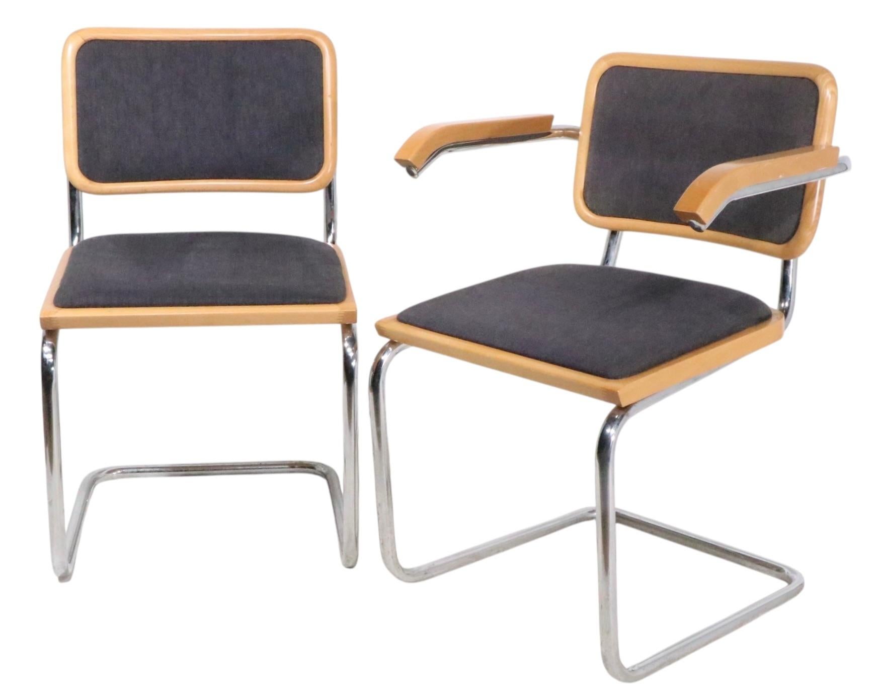  Chic set of six Cesca chairs designed by Marcel Breuer, made in Italy, circa 1970's. The chairs feature bent chrome cantilevered frames, with upholstered seats and backs. The six chairs, four arm and two side, are all in very good, original, clean,