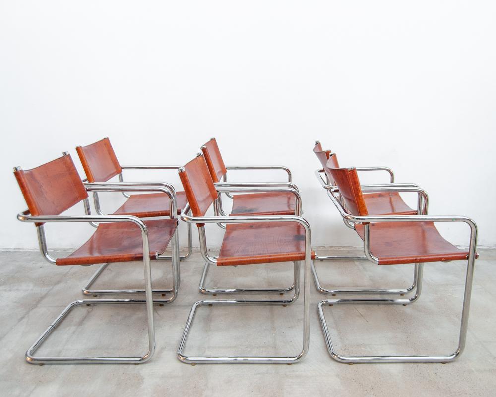 MG5 by Matteo Grassi, 1970. Brown leather and chrome and tubular steel with chrome plating. This chair was designed in 1928 for Italian editor Govina. Chairs are in a good vintage condition.
 