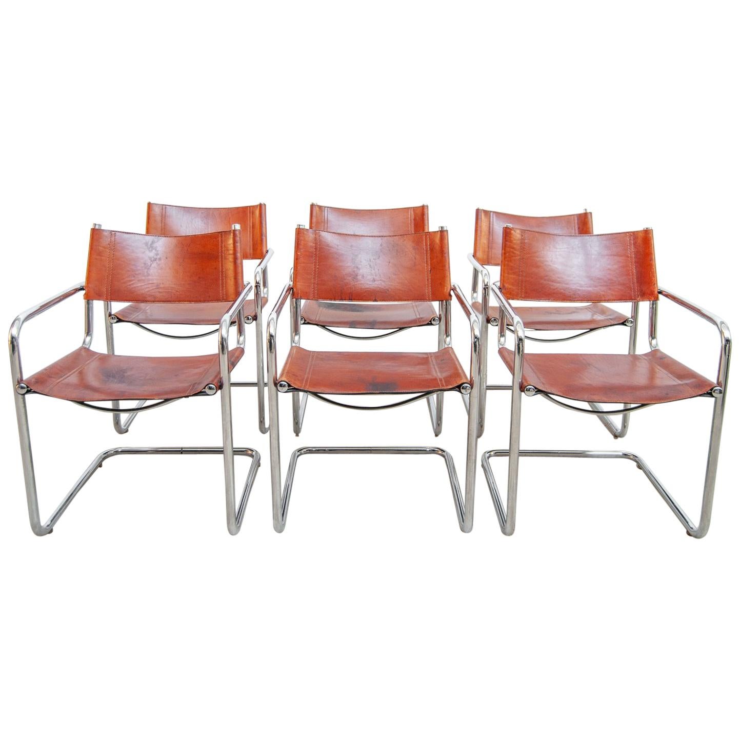 Set of Six Marcel Breuer MG5 Cognac Leather Chairs