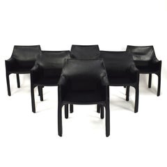 Set of Six Mario Bellini Black Leather Cab Armchairs for Cassina