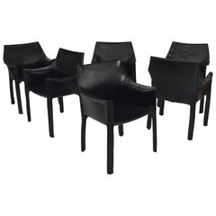 Set of Six Mario Bellini Black Leather Cab Armchairs for Cassina