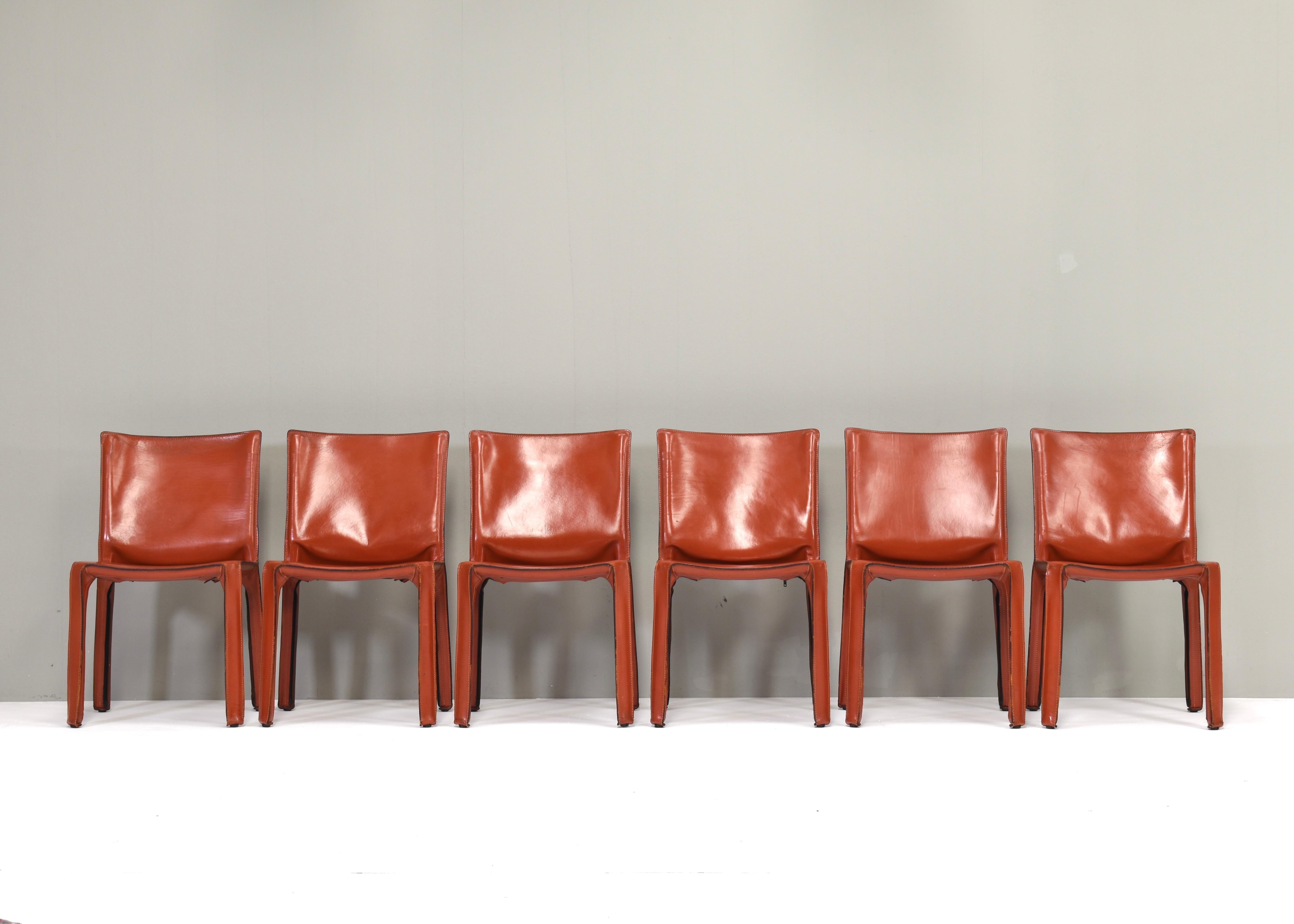 Mid-Century Modern Set of six Mario Bellini CAB 412 chairs by Cassina in tan leather- Italy, 1977 