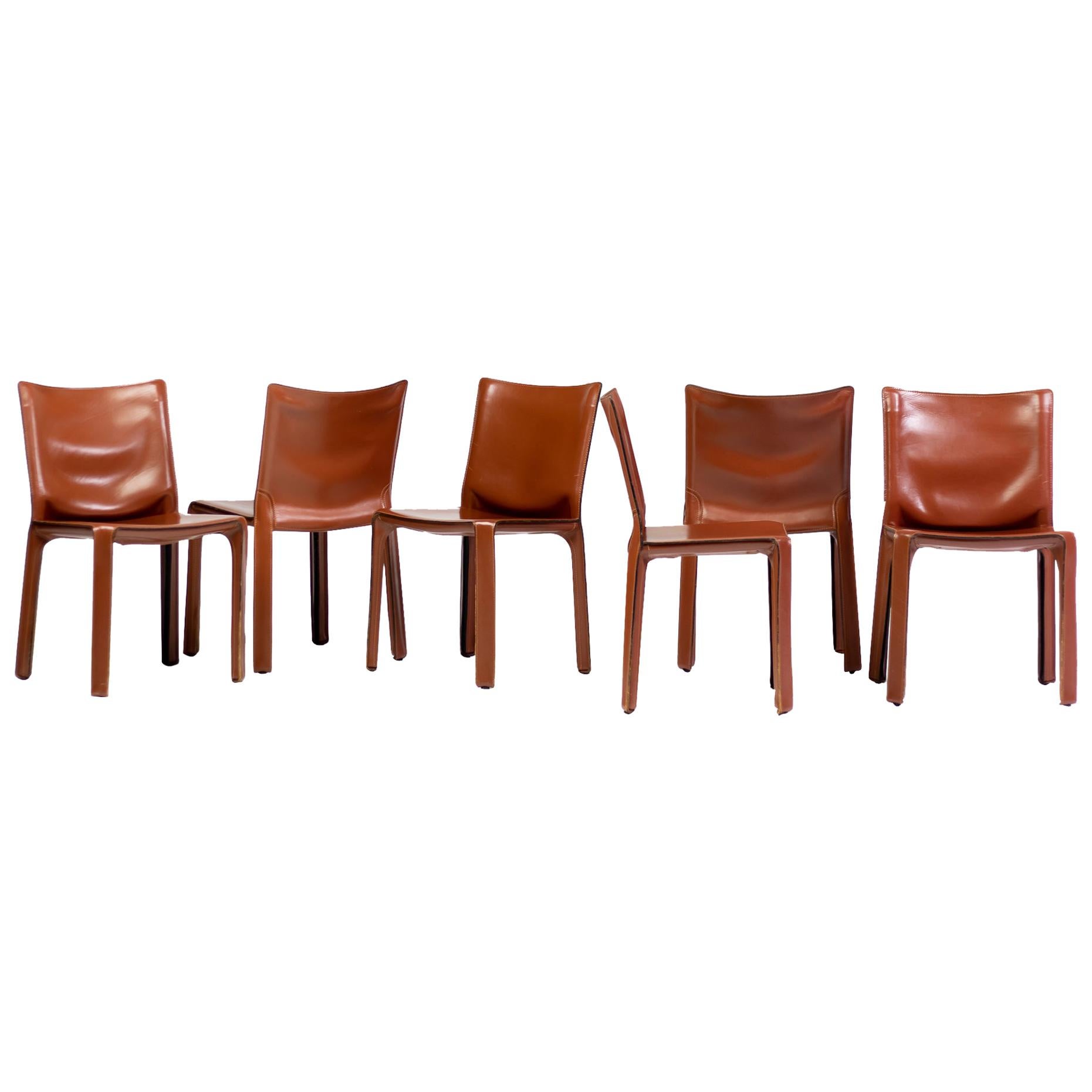 Set of Six Mario Bellini Cab Chairs for Cassina in Cognac Saddle Leather