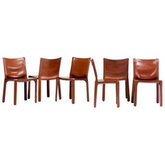 Set of Six Mario Bellini Cab Chairs for Cassina in Cognac Saddle Leather