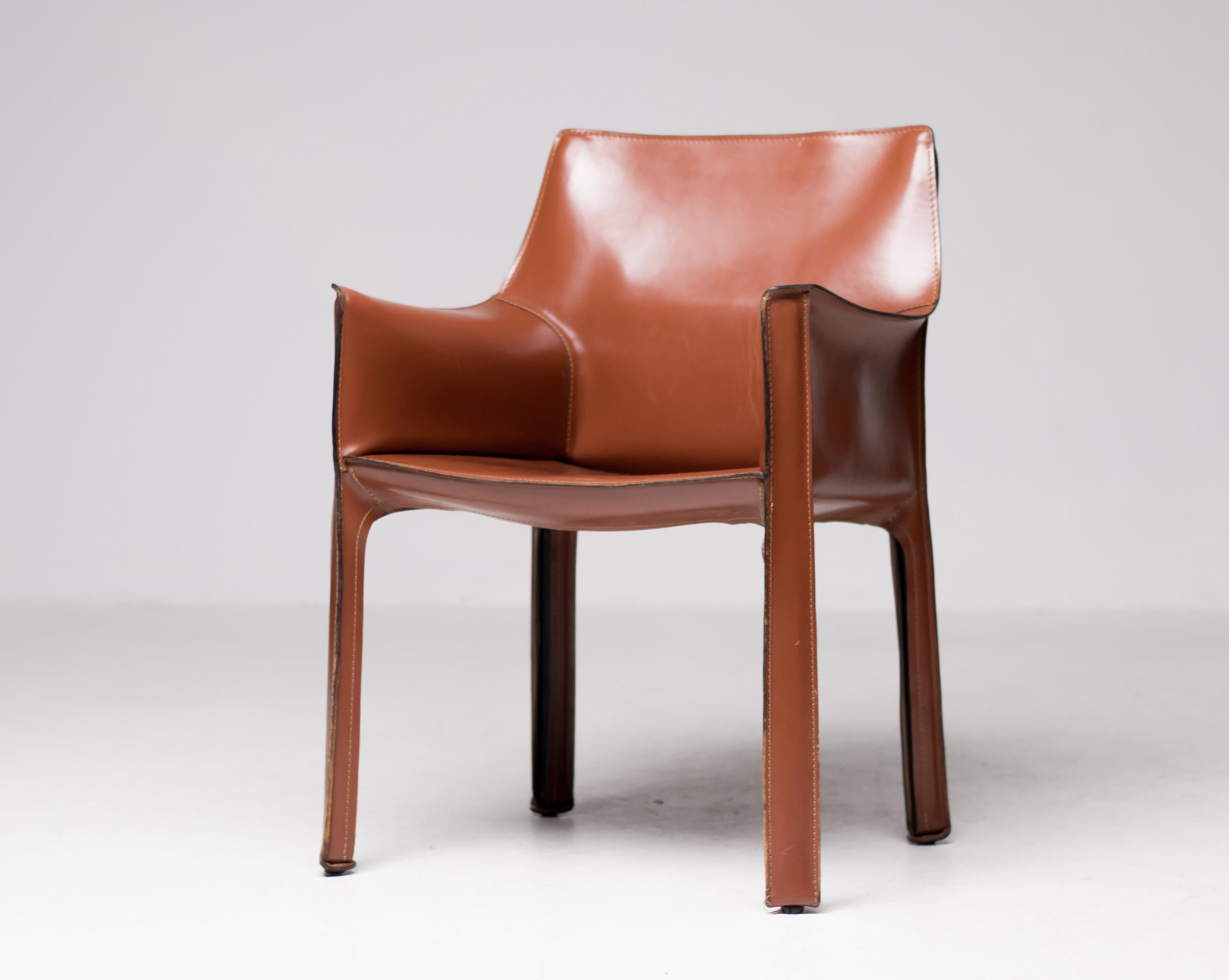 Mario Bellini for Cassina cab chairs in rare cognac Italian leather.
The leather has wonderful patina and is in excellent condition.
Marked Cassina at the bottom.