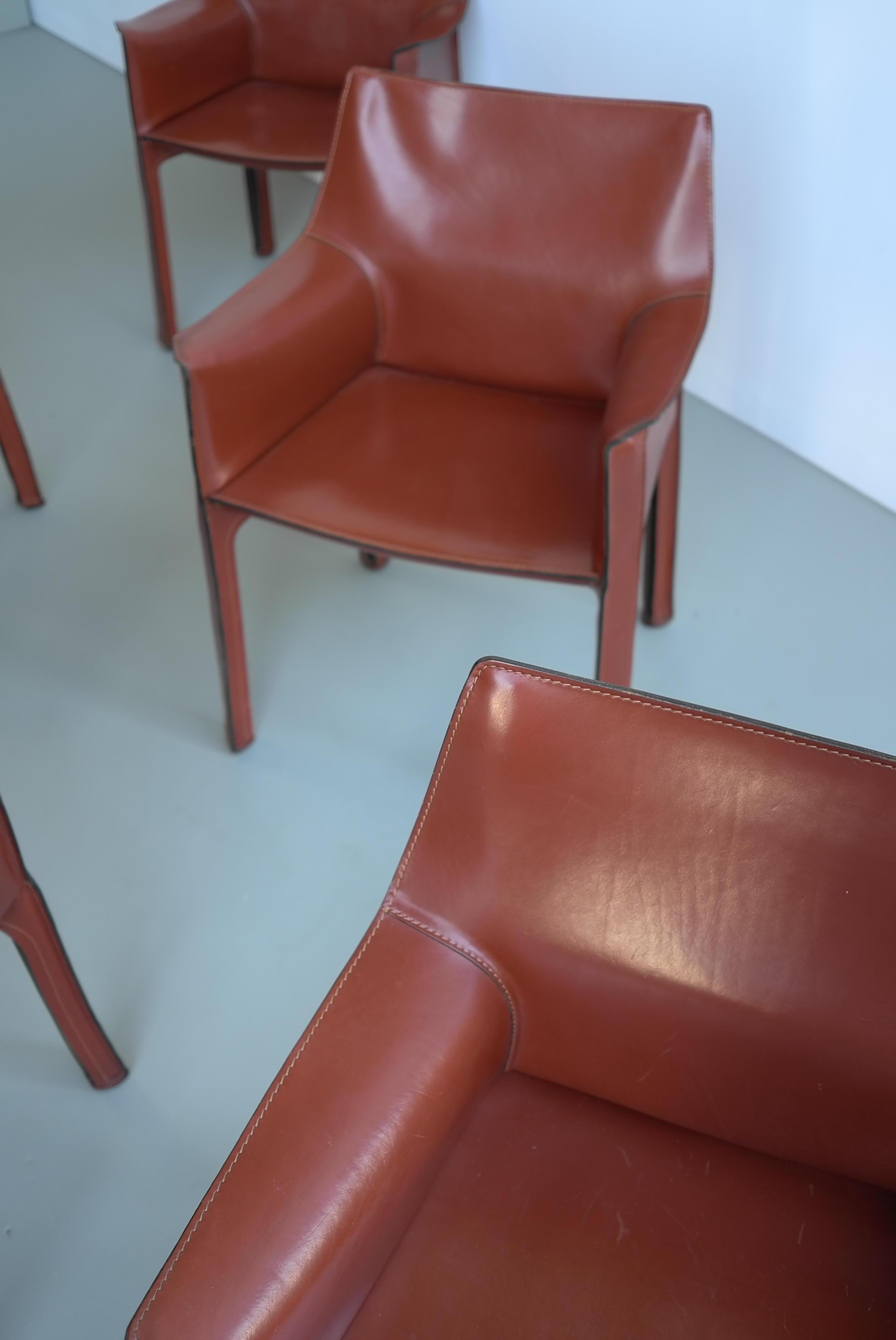 Mario Bellini Cab chairs, set of six,
Cassina Italy, leather over steel.
Measures: 19 W x 18 D x 32 H inches.
Signed with molded manufacturer's marks to underside.
The chairs have various patina and wear and we wouldn't have it any other way!