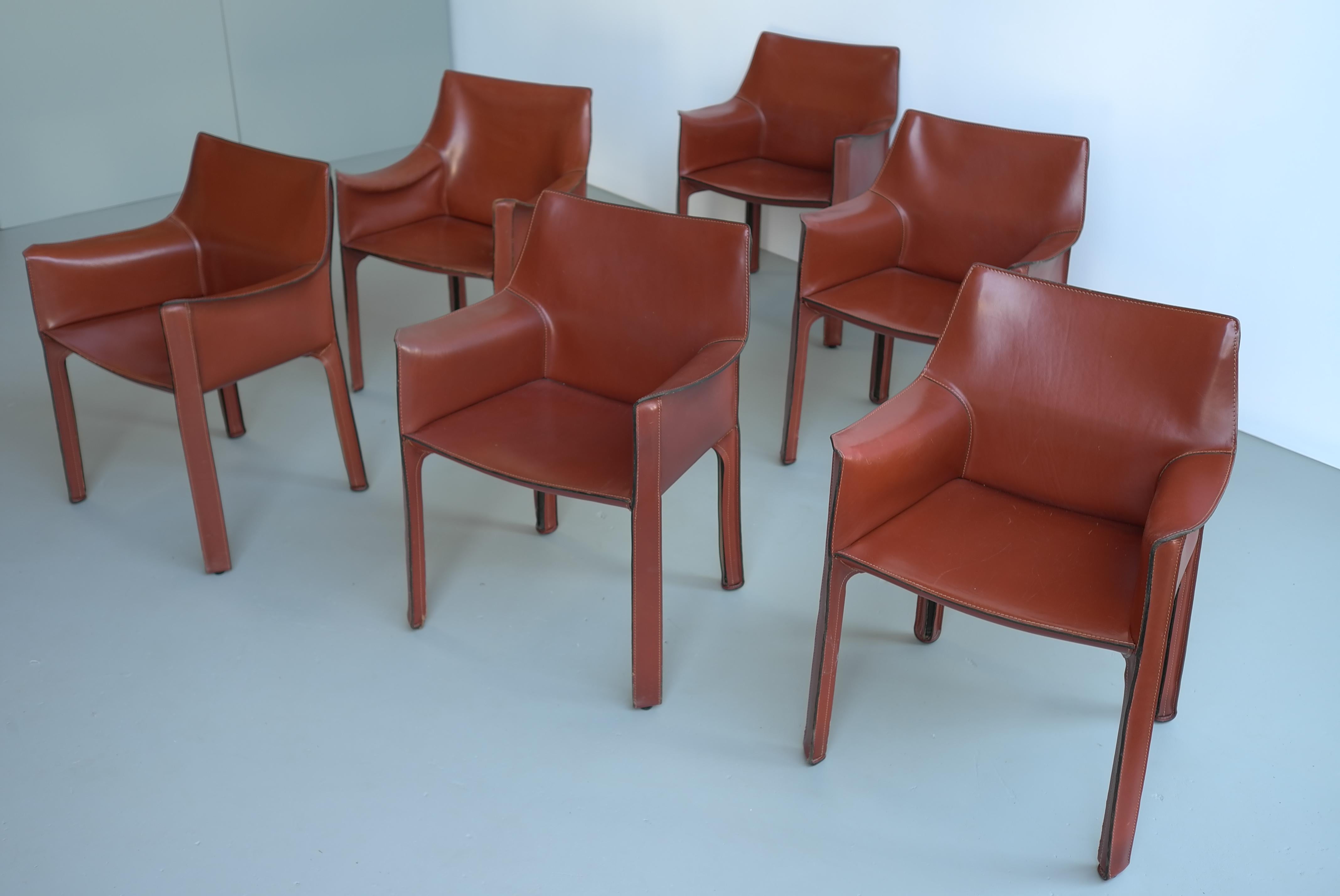 Set of Six Mario Bellini Leather Cab Chairs by Cassina Italy 2