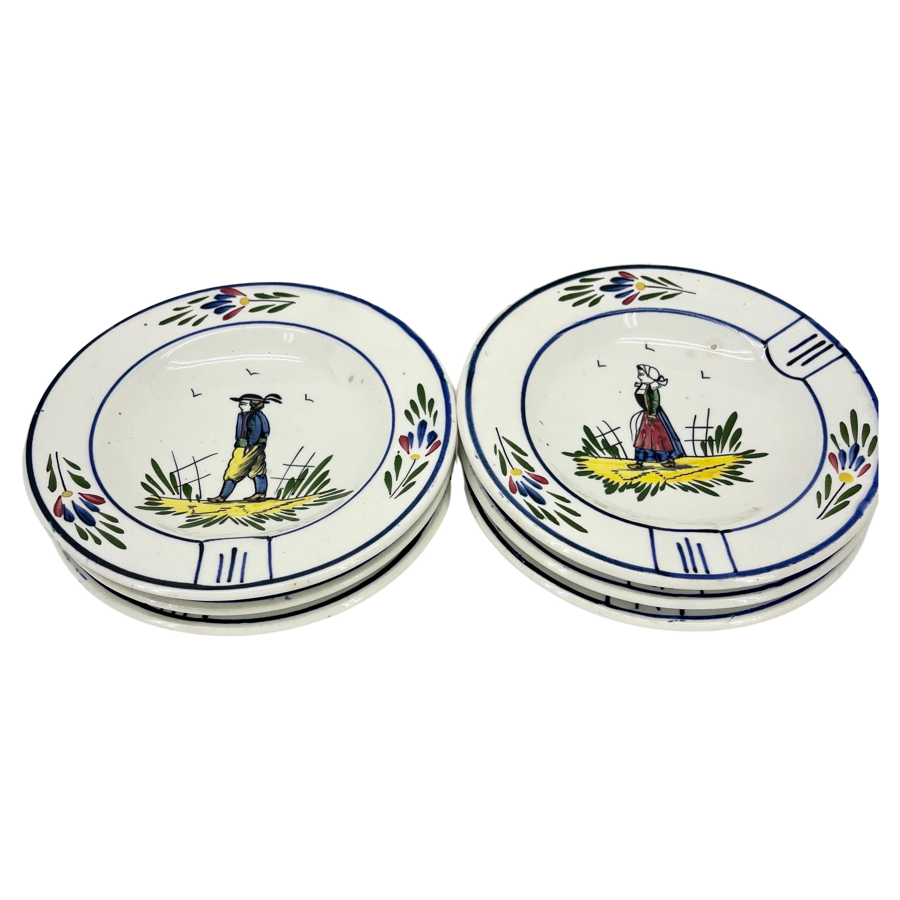 Marked P.V. Set Of Six Faience French Plates

Charming set of 6 French Provincial Faience plates. Each with scenes of man and woman. Labeled on back P.V. Made in France. Wonderful collection of plates with many uses including display, jewelry