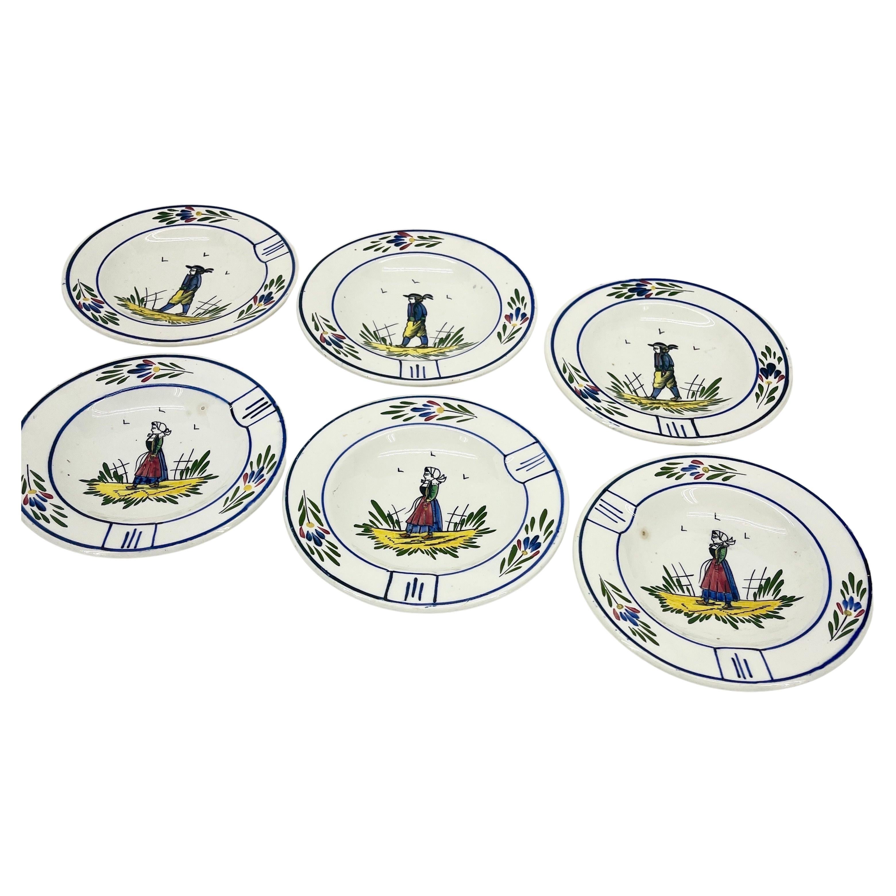 Hand-Crafted Set of Six Marked P.v. French Faience Plates, circa 1960