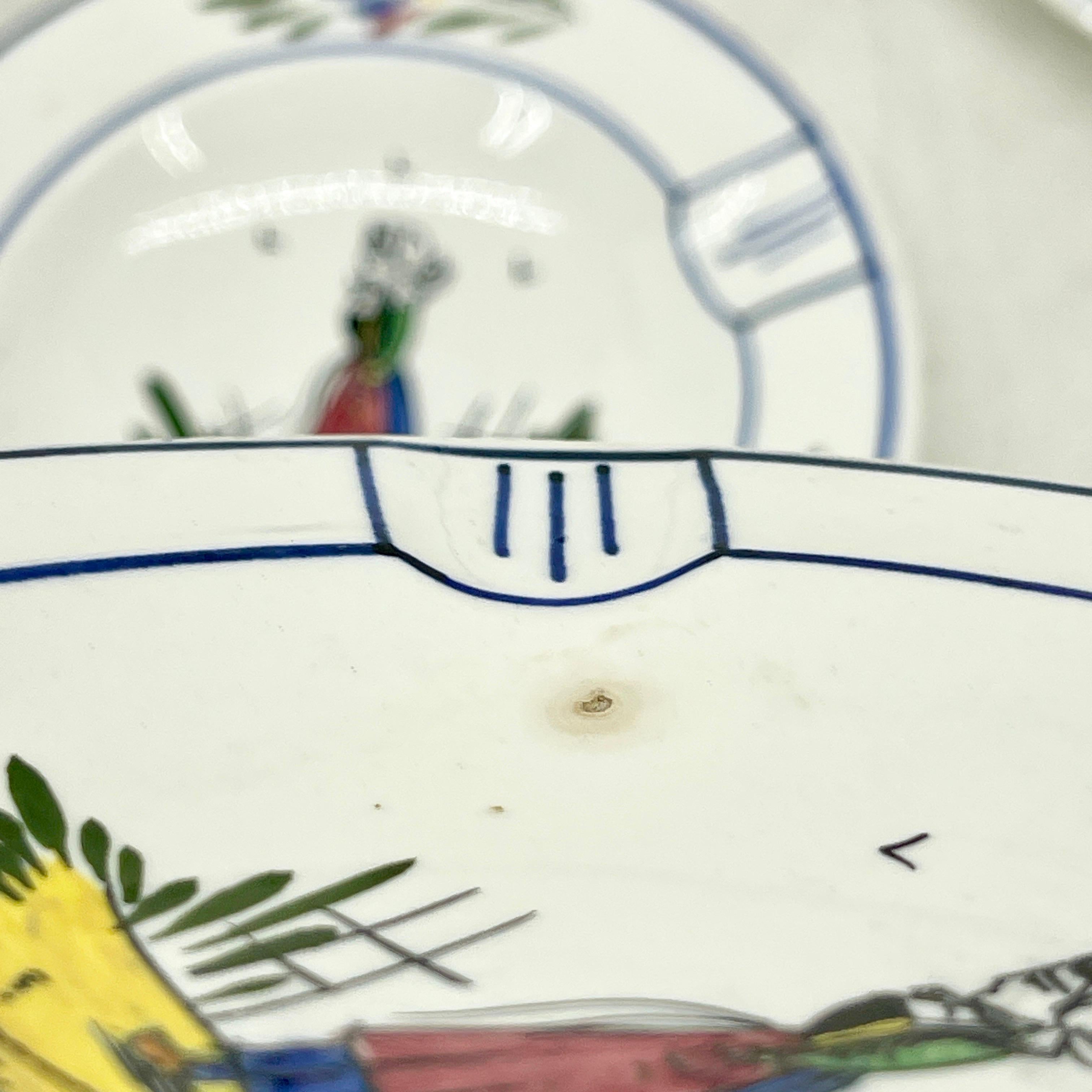 Set of Six Marked P.v. French Faience Plates, circa 1960 In Good Condition In Haddonfield, NJ