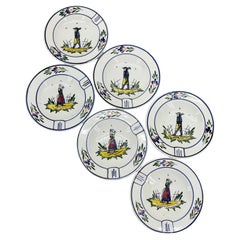 Set of Six Marked P.v. French Faience Plates, circa 1960
