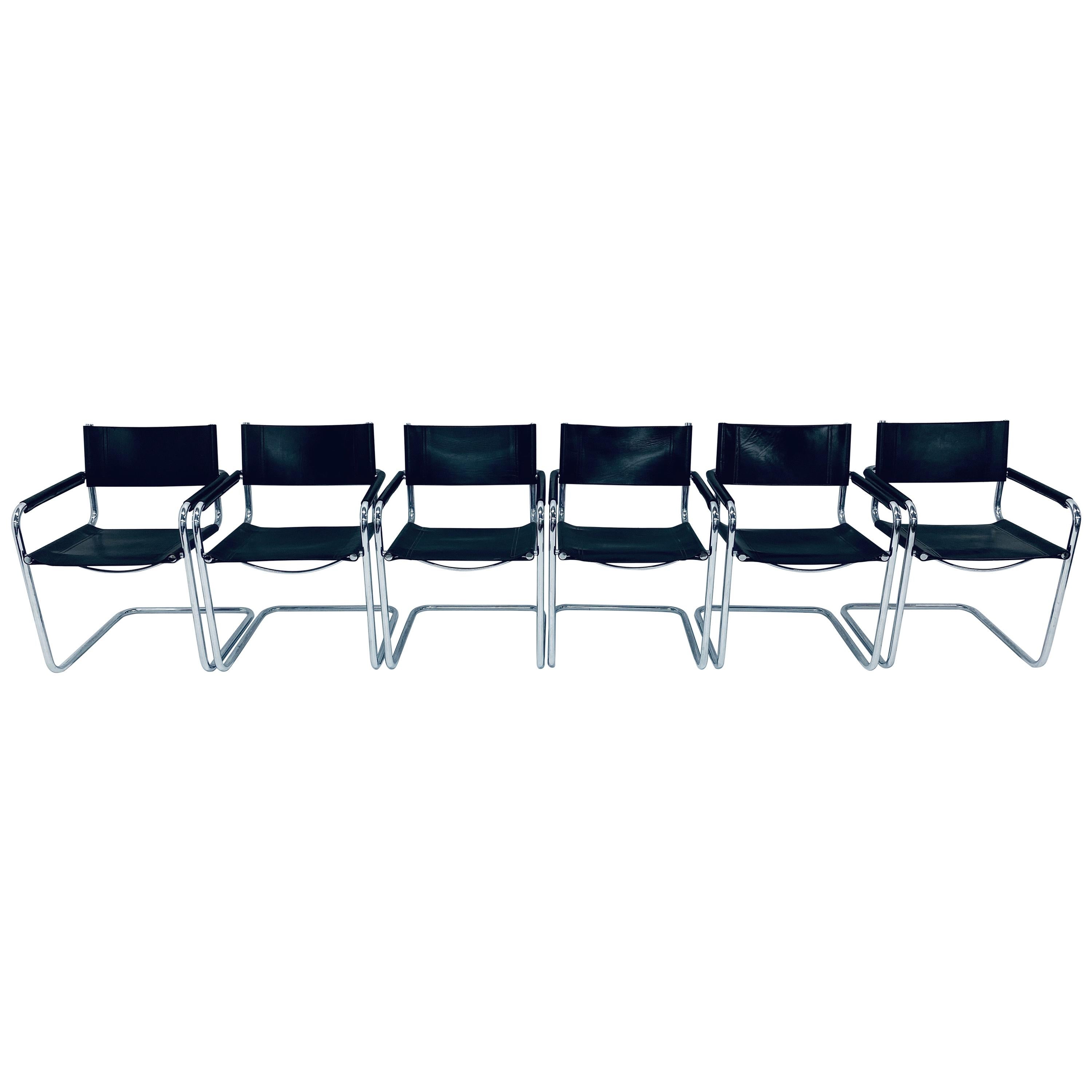 Set of Six Mart Stam Chrome and Leather Armchairs for Fasem