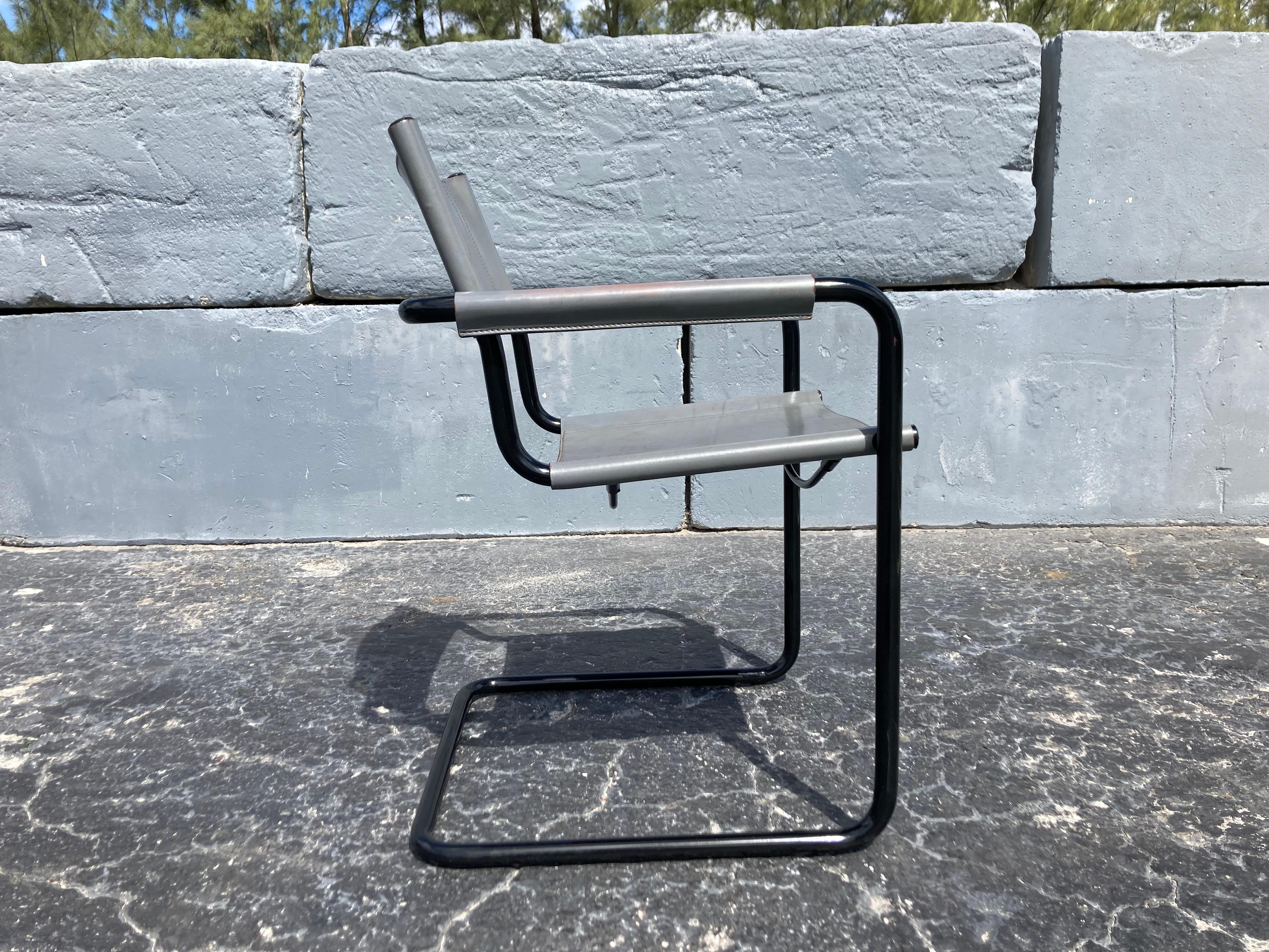 Set of Six Mart Stam Dining Arm Chairs S33, Grey Leather, Black Metal, Italy In Good Condition In Miami, FL