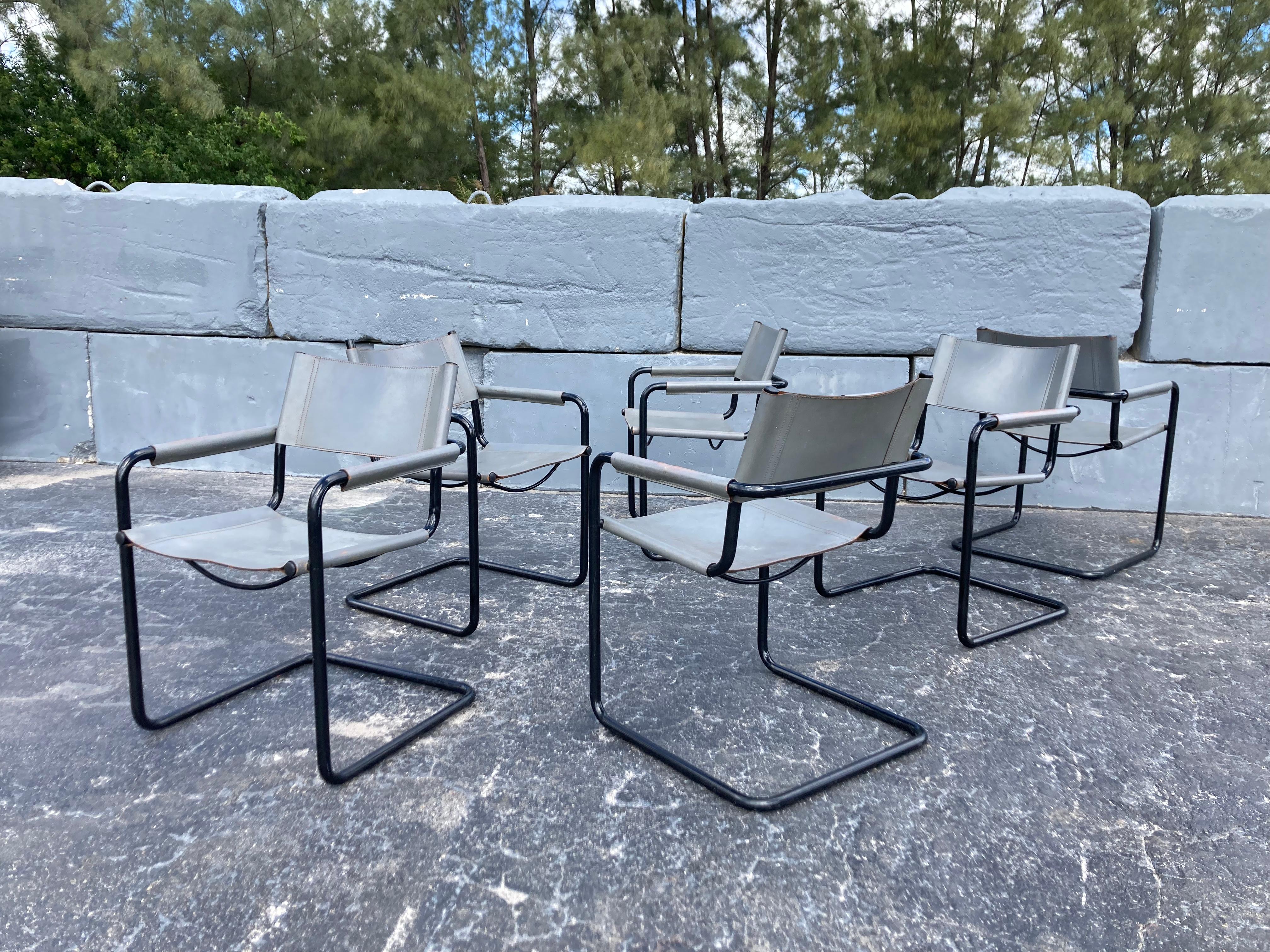 Late 20th Century Set of Six Mart Stam Dining Arm Chairs S33, Grey Leather, Black Metal, Italy