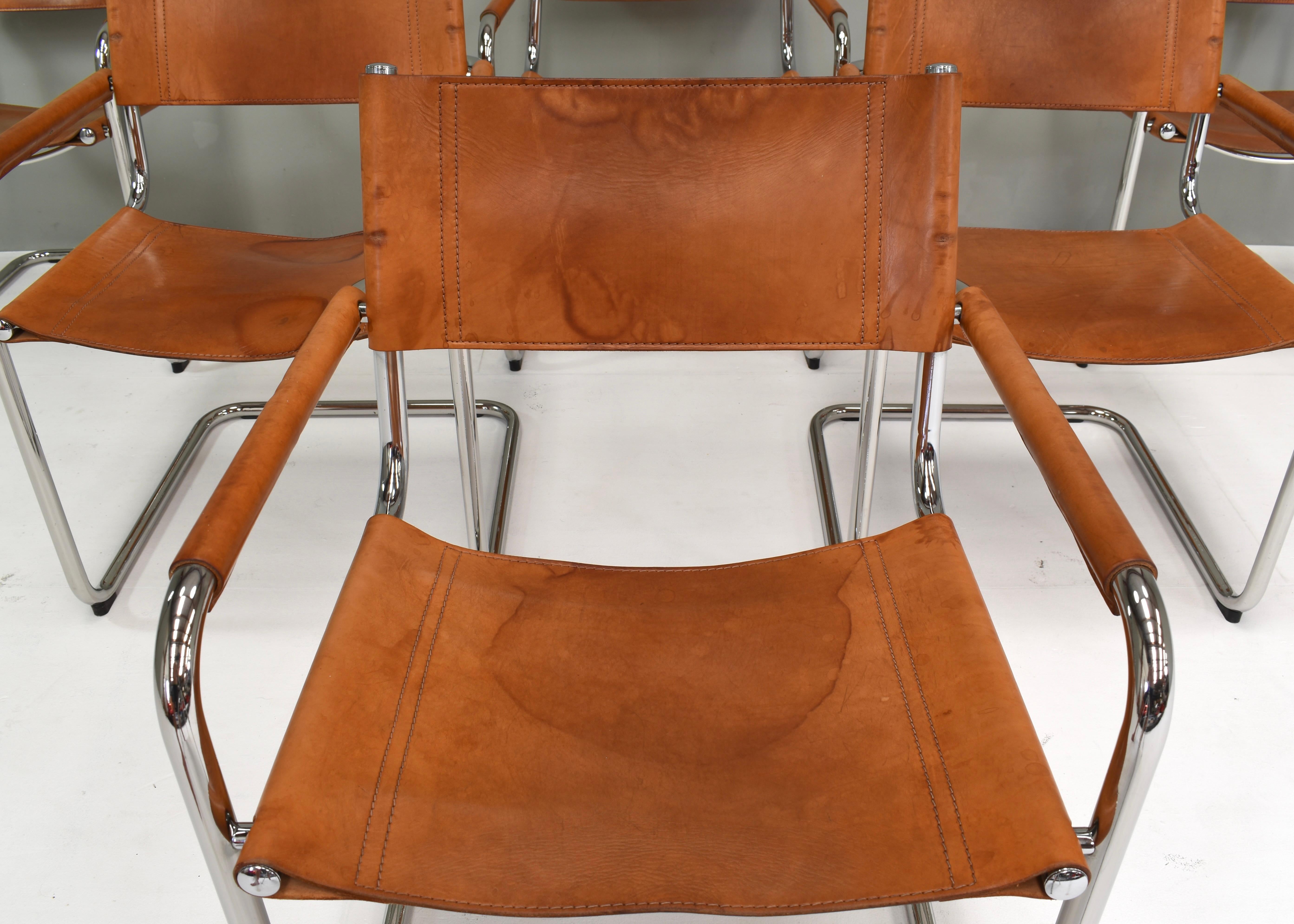 Set of Six Mart Stam S34 Dining Chairs in Tan Leather by Fasem, Italy, 1960s For Sale 5