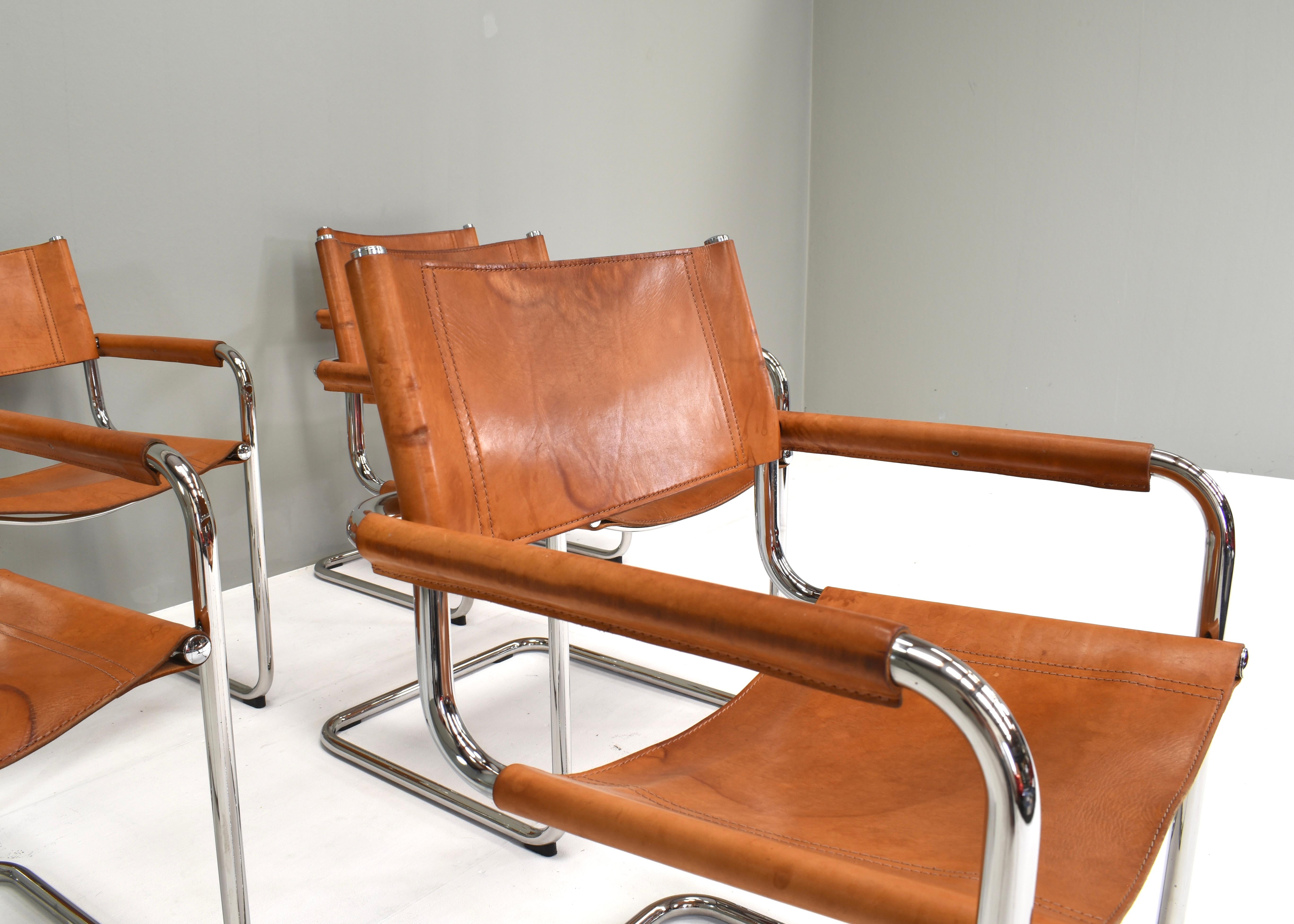 Set of Six Mart Stam S34 Dining Chairs in Tan Leather by Fasem, Italy, 1960s For Sale 7