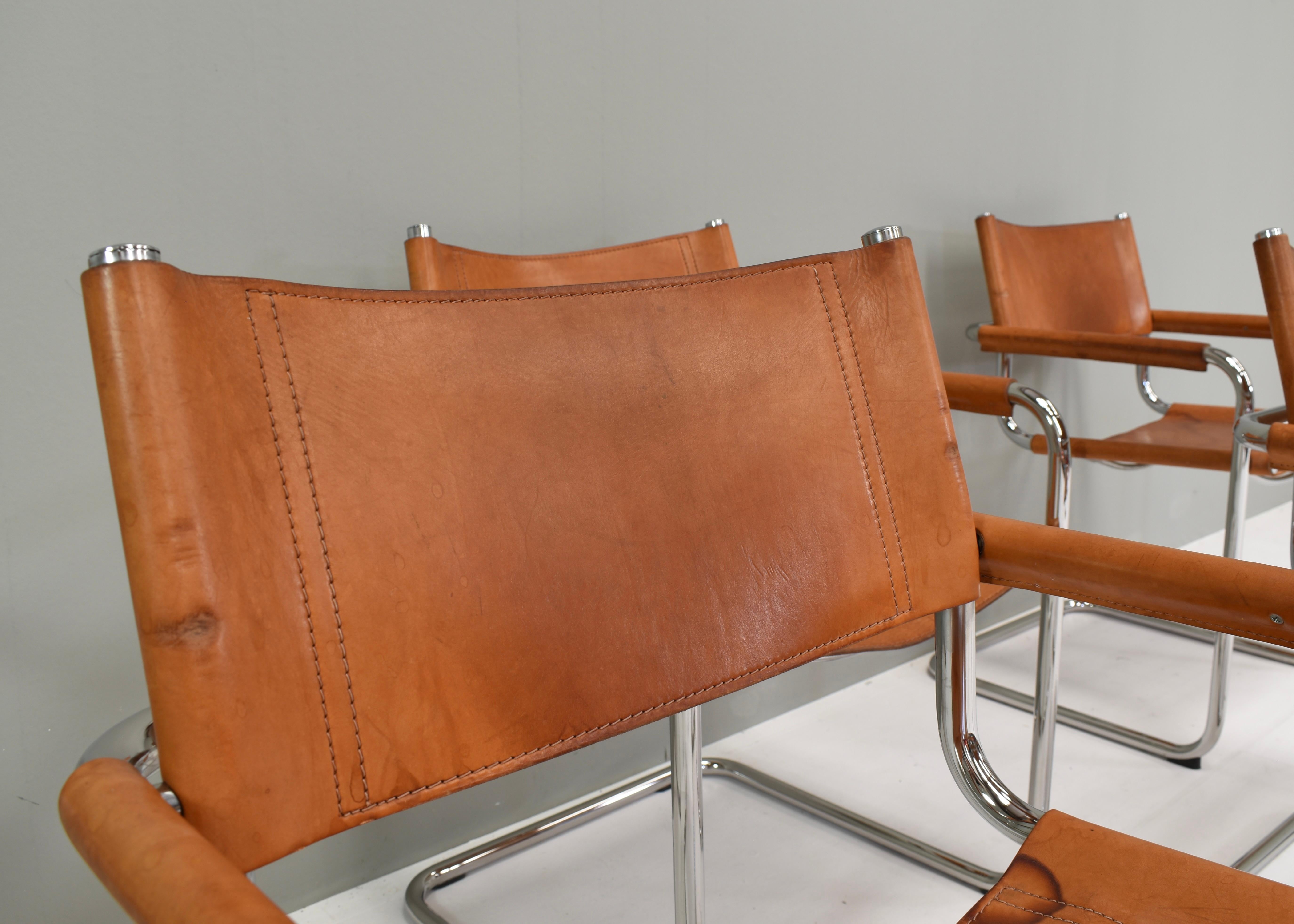 Set of Six Mart Stam S34 Dining Chairs in Tan Leather by Fasem, Italy, 1960s For Sale 8