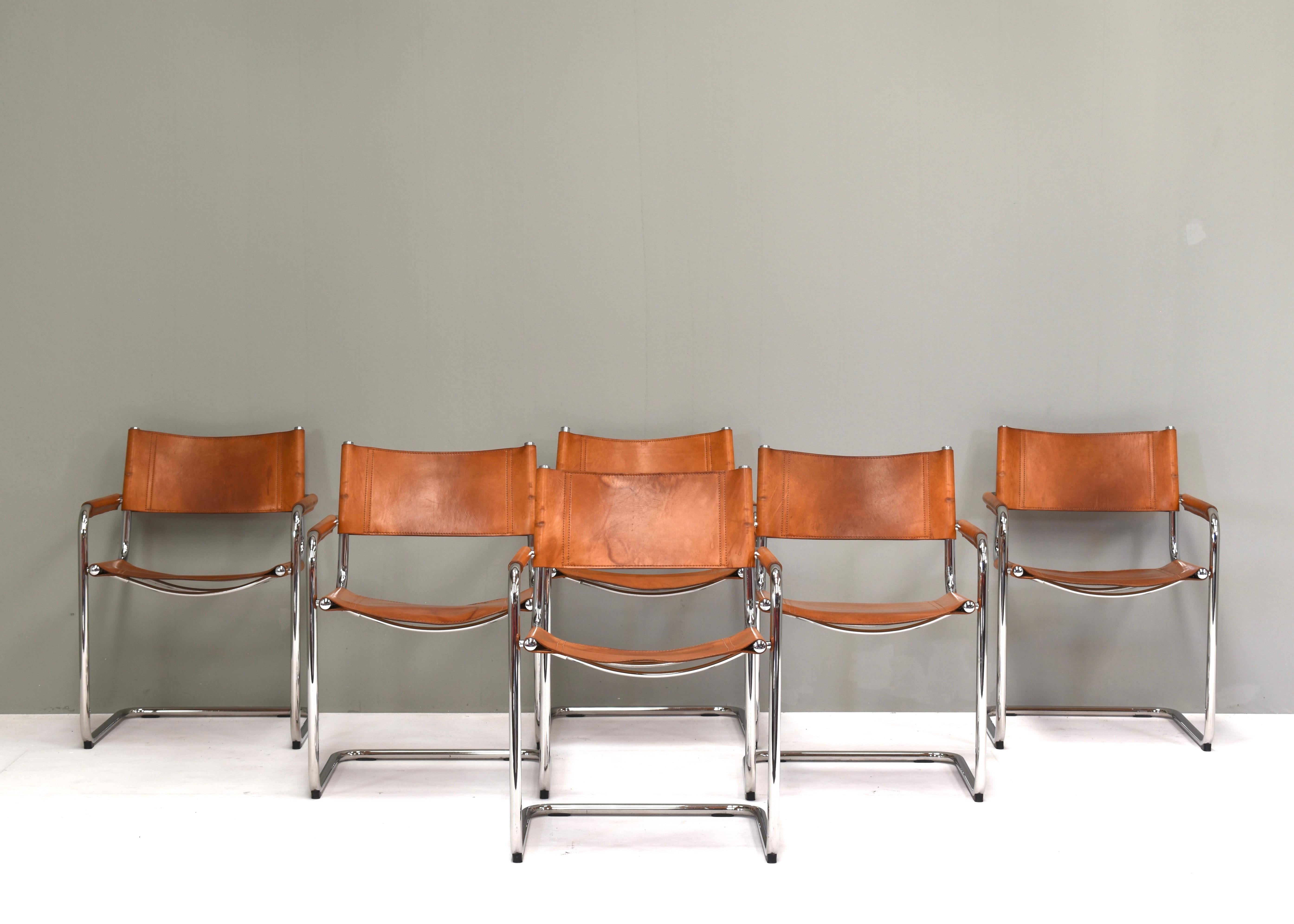 Mid-Century Modern Set of Six Mart Stam S34 Dining Chairs in Tan Leather by Fasem, Italy, 1960s For Sale