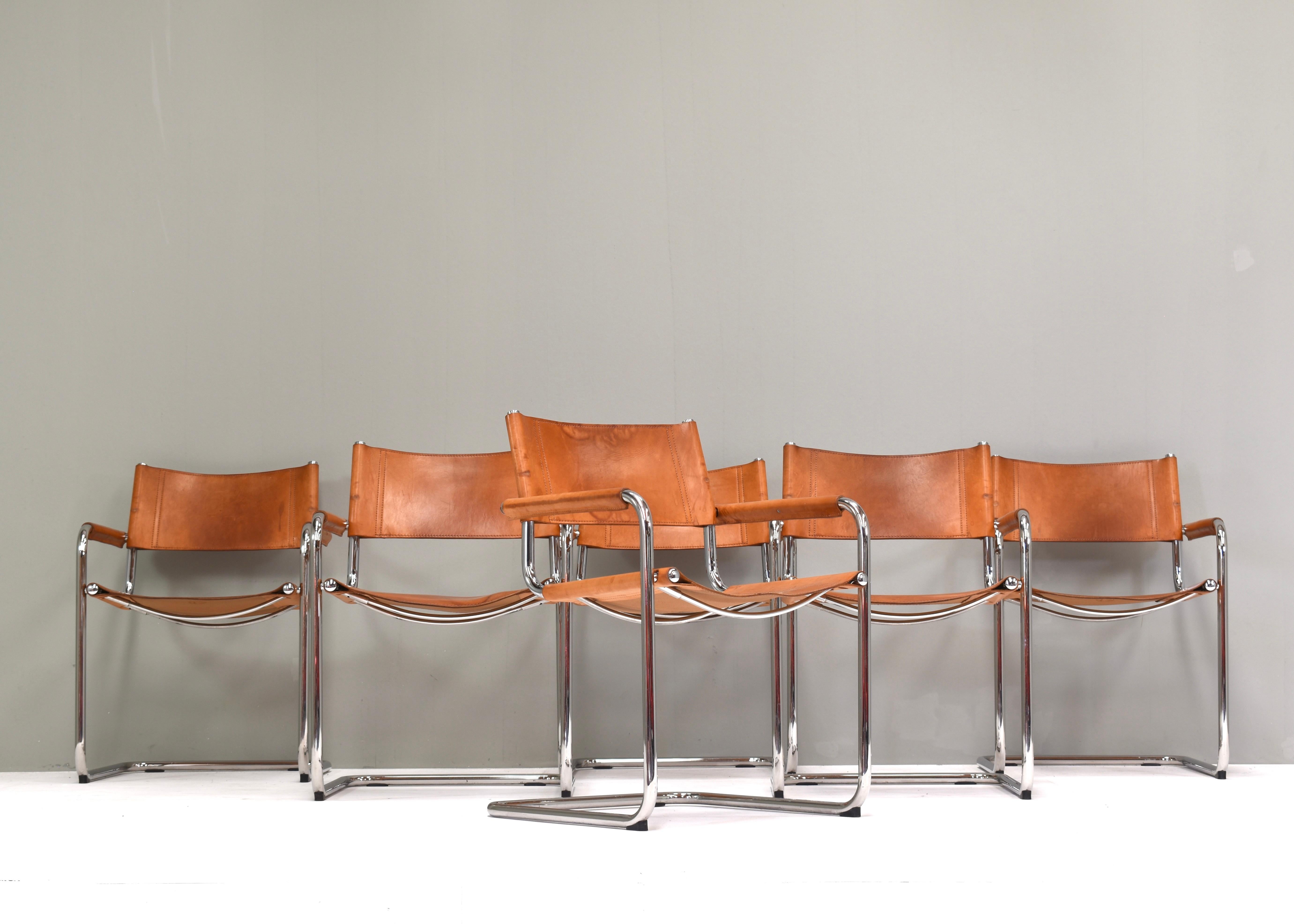 Italian Set of Six Mart Stam S34 Dining Chairs in Tan Leather by Fasem, Italy, 1960s For Sale