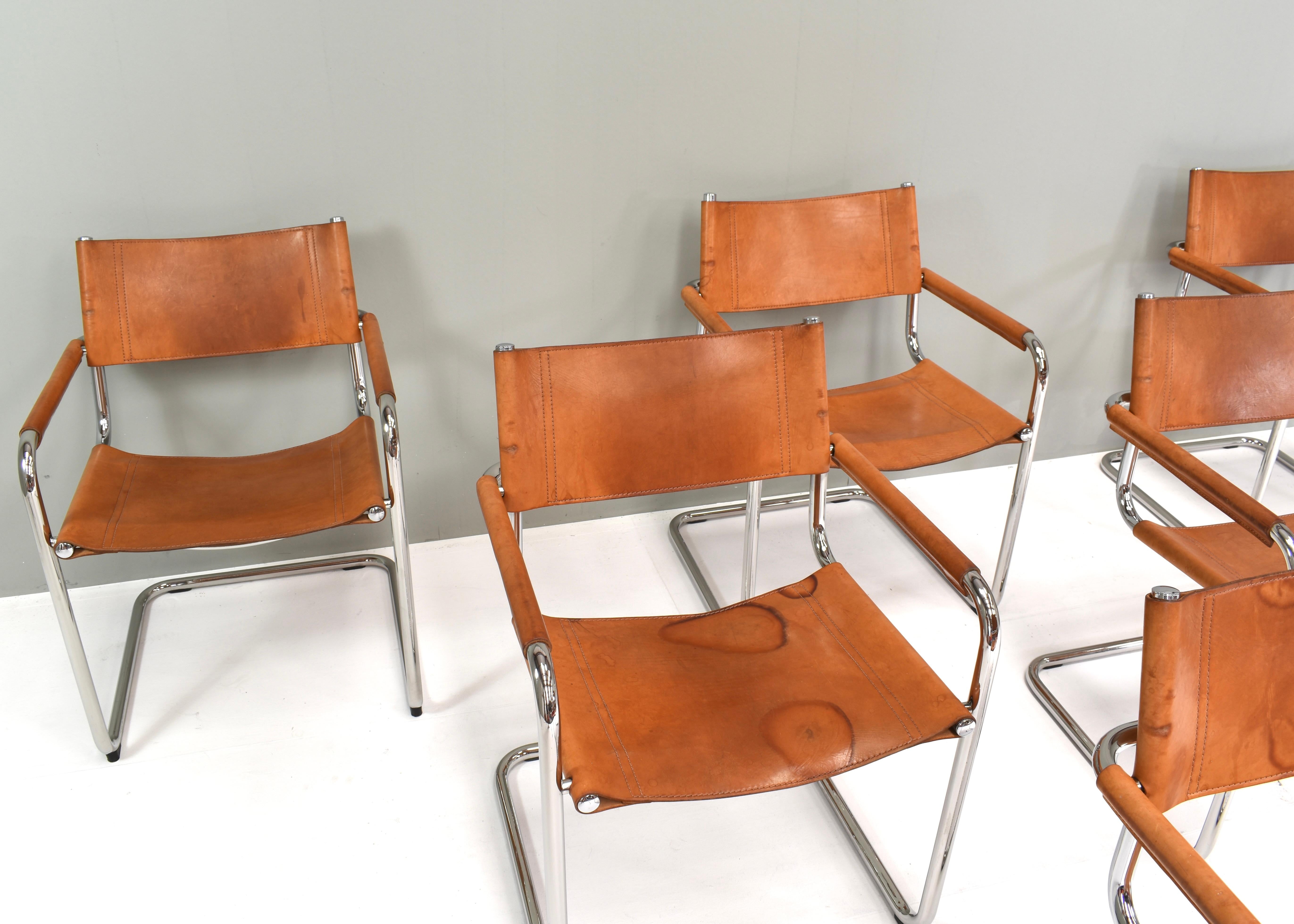 Set of Six Mart Stam S34 Dining Chairs in Tan Leather by Fasem, Italy, 1960s For Sale 1