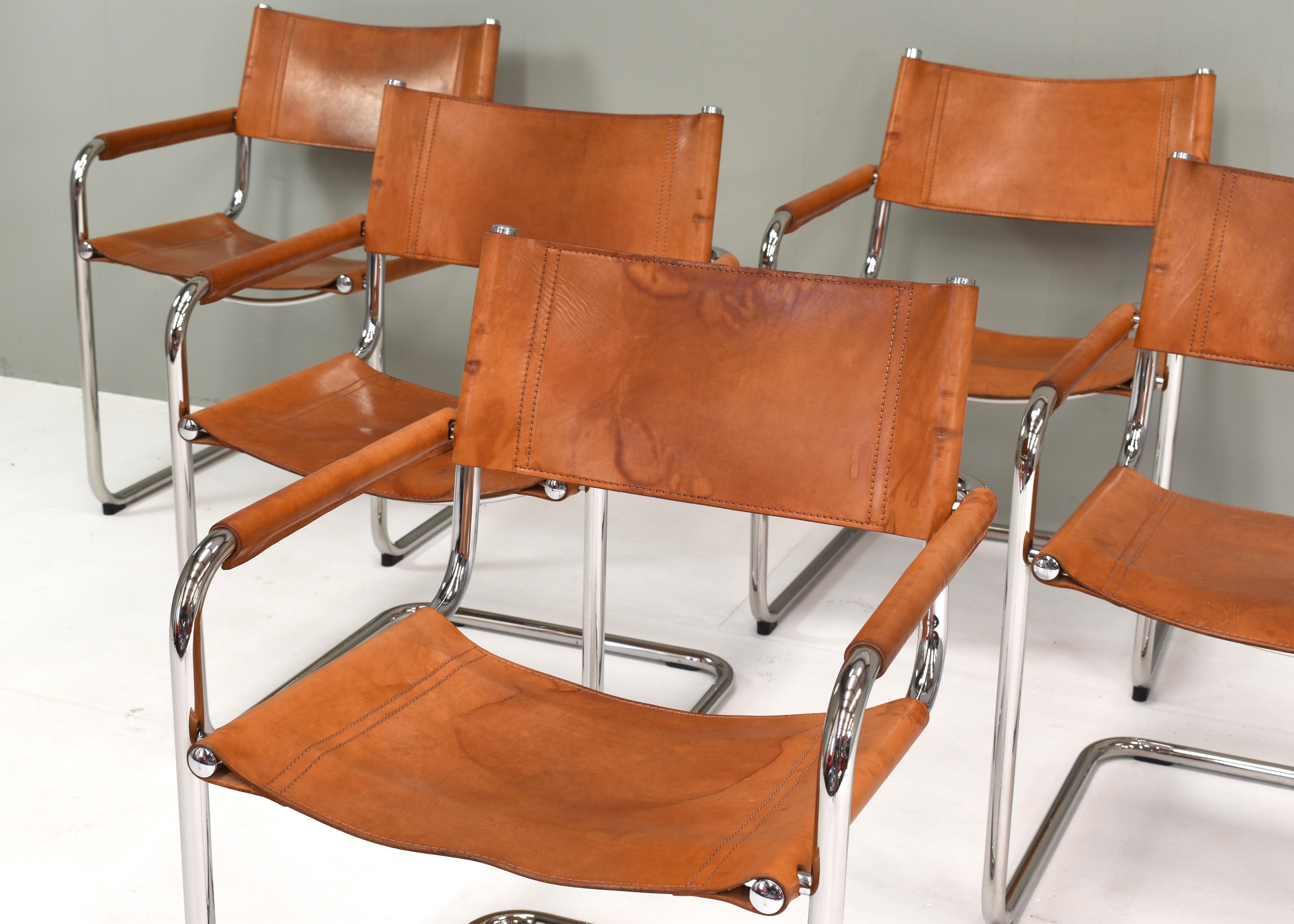 Set of Six Mart Stam S34 Dining Chairs in Tan Leather by Fasem, Italy, 1960s For Sale 2