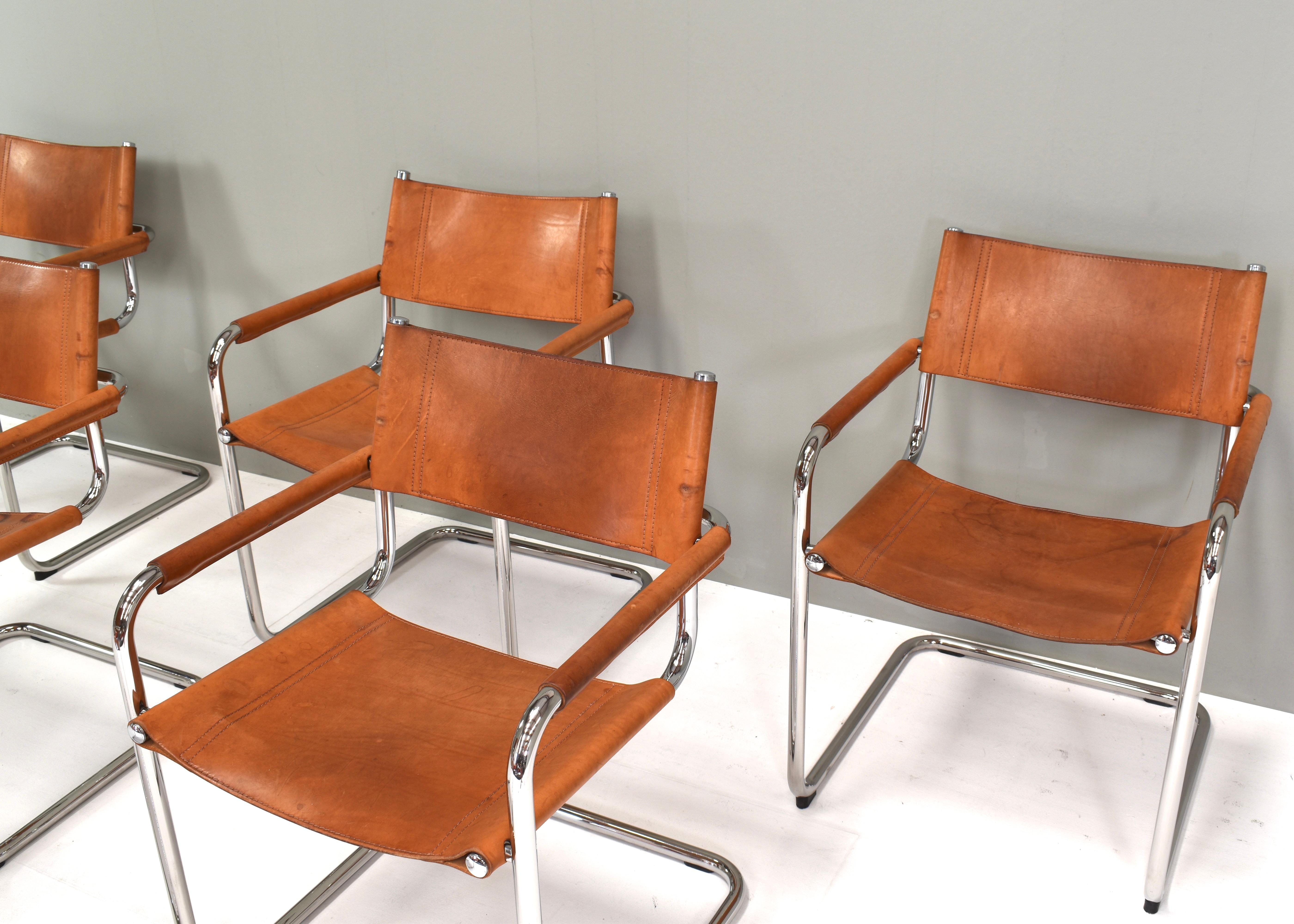 Set of Six Mart Stam S34 Dining Chairs in Tan Leather by Fasem, Italy, 1960s For Sale 3