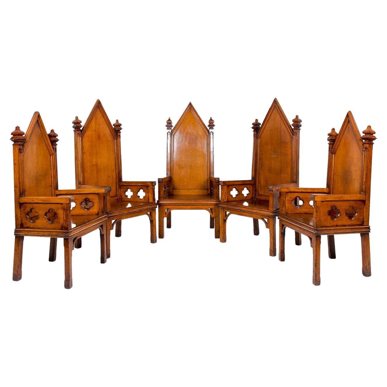 Set of Six Masonic Throne Armchairs in Oak, circa 1880
