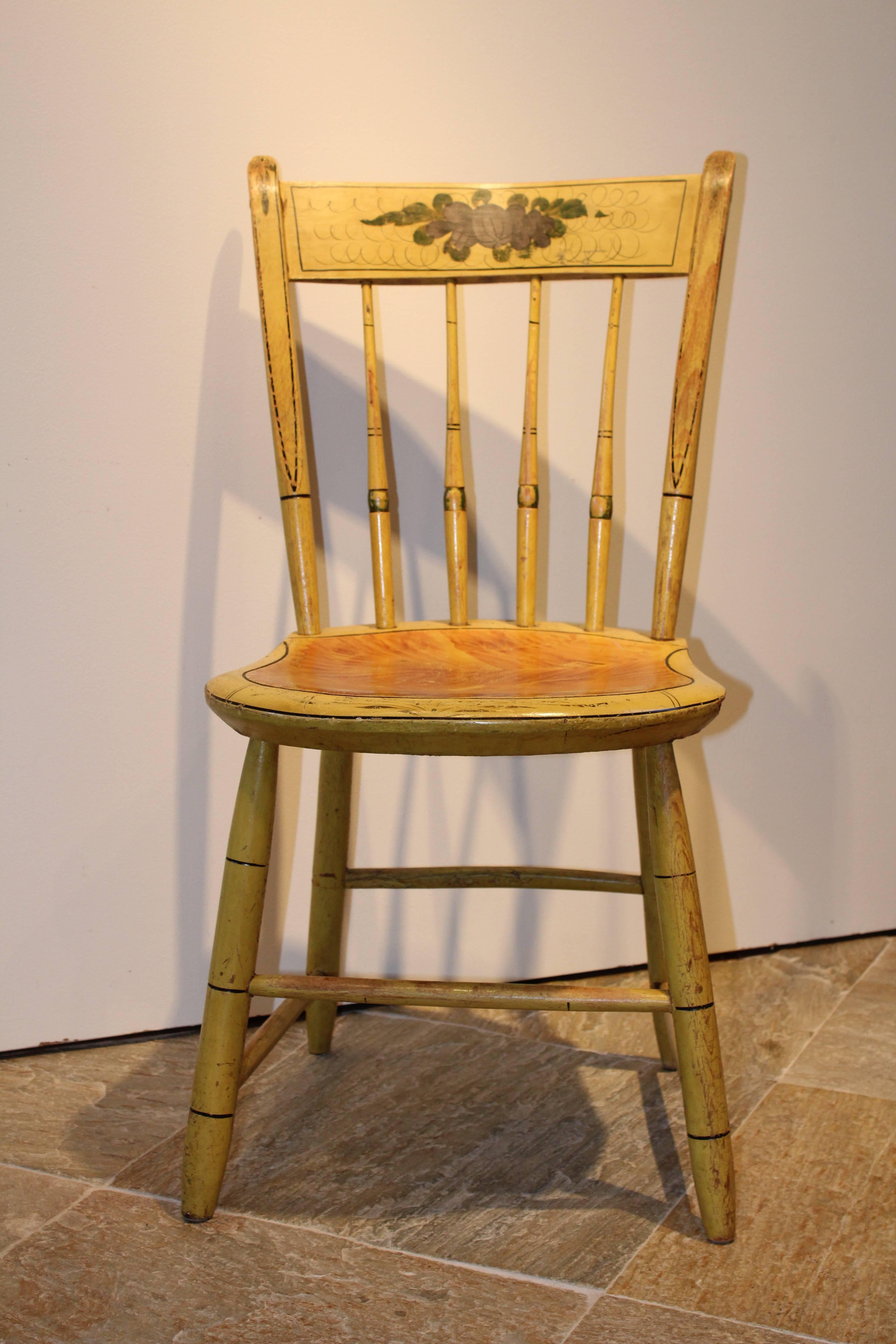 Folk Art Set of Six Massachusetts Yellow-Painted Slat-Back Windsor Chairs For Sale