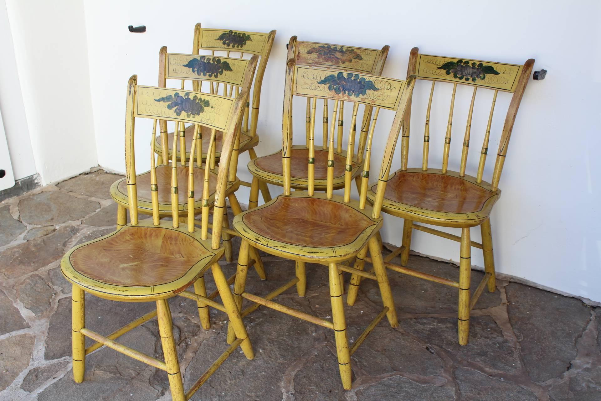 Hand-Painted Set of Six Massachusetts Yellow-Painted Slat-Back Windsor Chairs For Sale