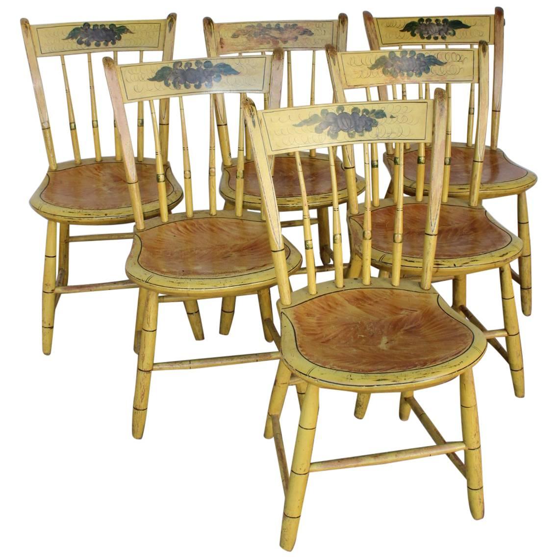 Set of Six Massachusetts Yellow-Painted Slat-Back Windsor Chairs For Sale