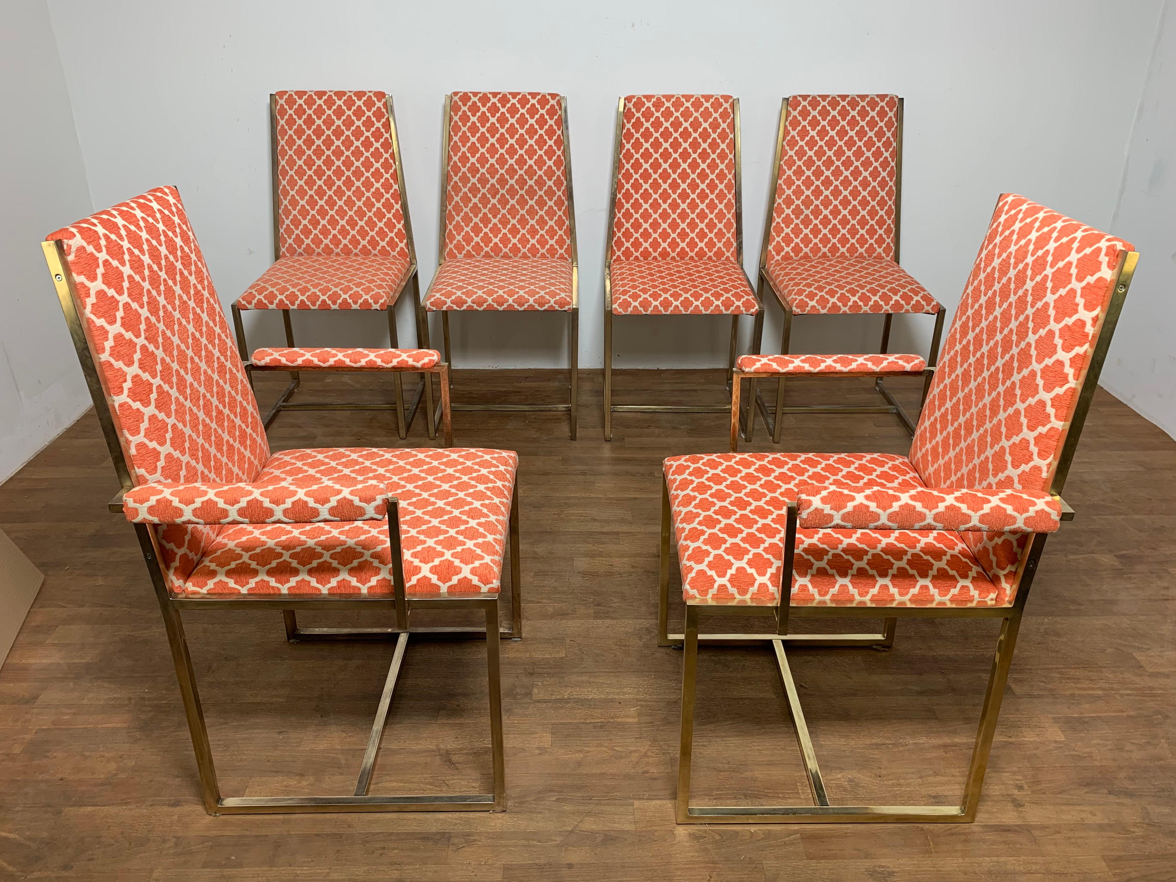 Set of six high back brass framed dining chairs by Mastercraft, circa 1960s. 

The arm chairs measure 24.75