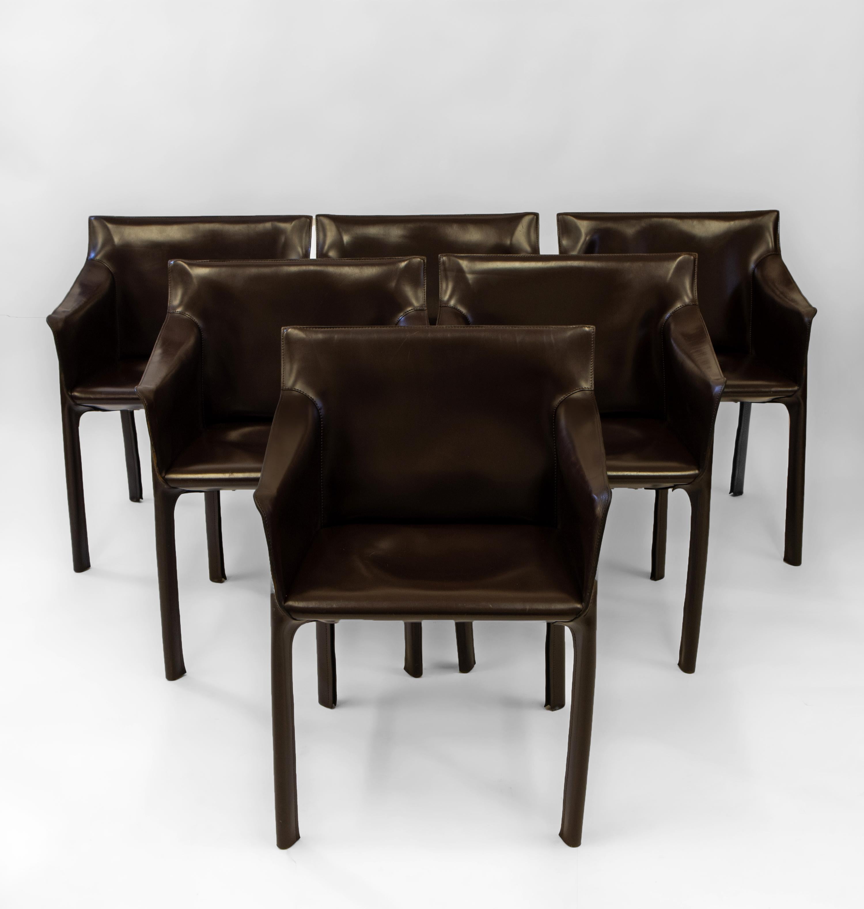 Mid-Century Modern Set Of Six Matteo Grassi Italian Cab 413 Brown Saddle Leather Dining Chairs 1980