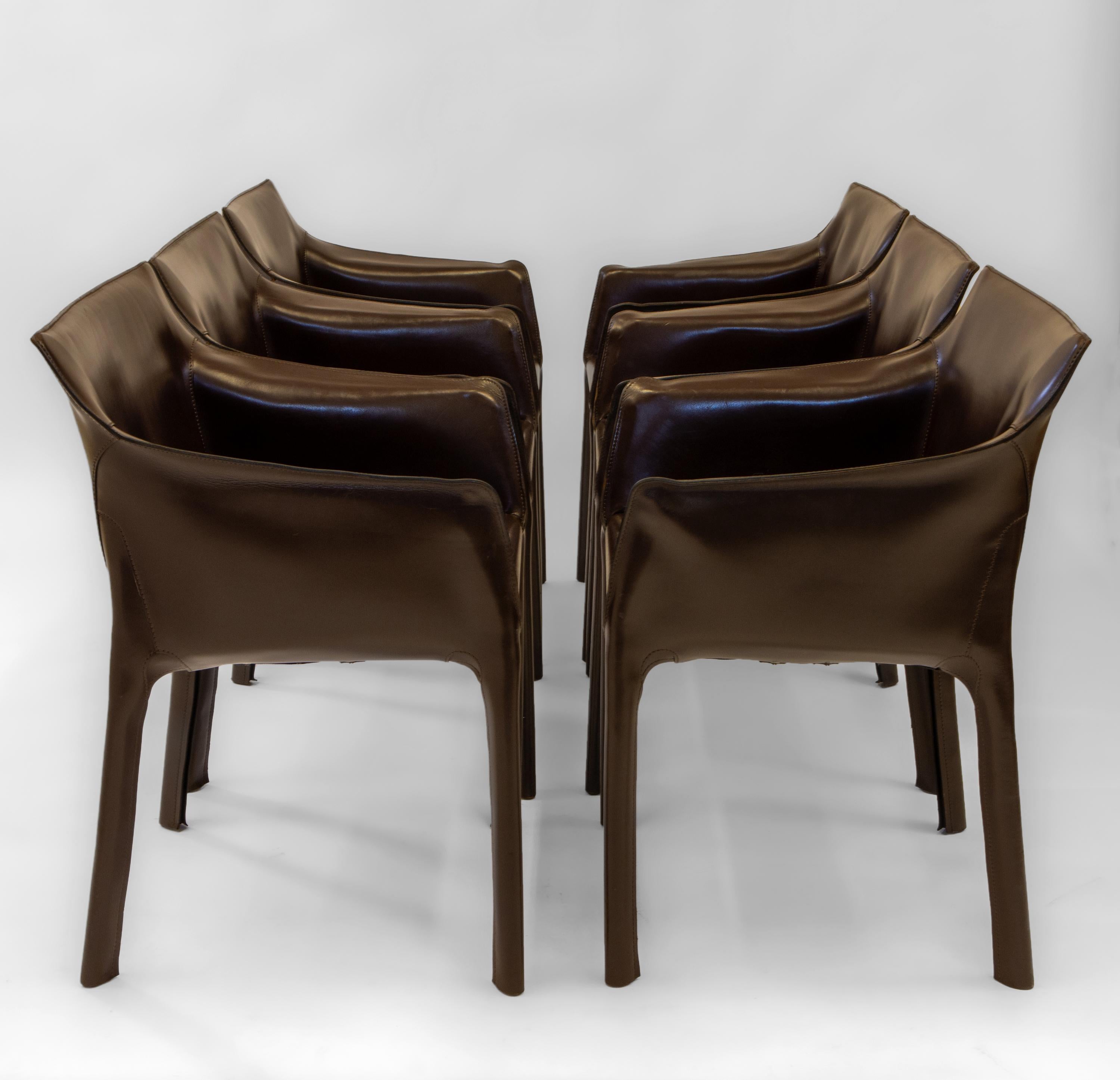20th Century Set Of Six Matteo Grassi Italian Cab 413 Brown Saddle Leather Dining Chairs 1980