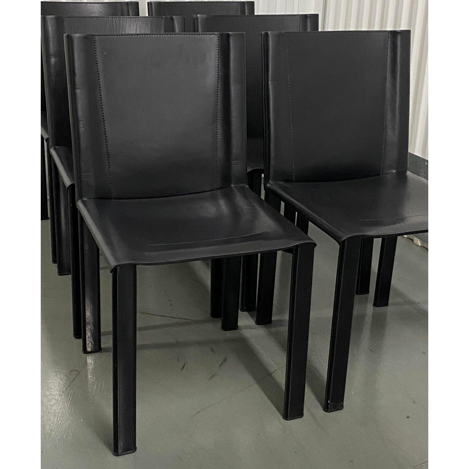 Italian Set of Six Matteo Grassi Modernist Black Leather Dining Chairs