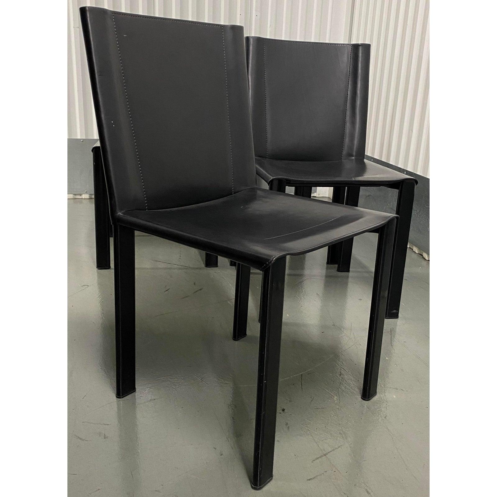Metal Set of Six Matteo Grassi Modernist Black Leather Dining Chairs