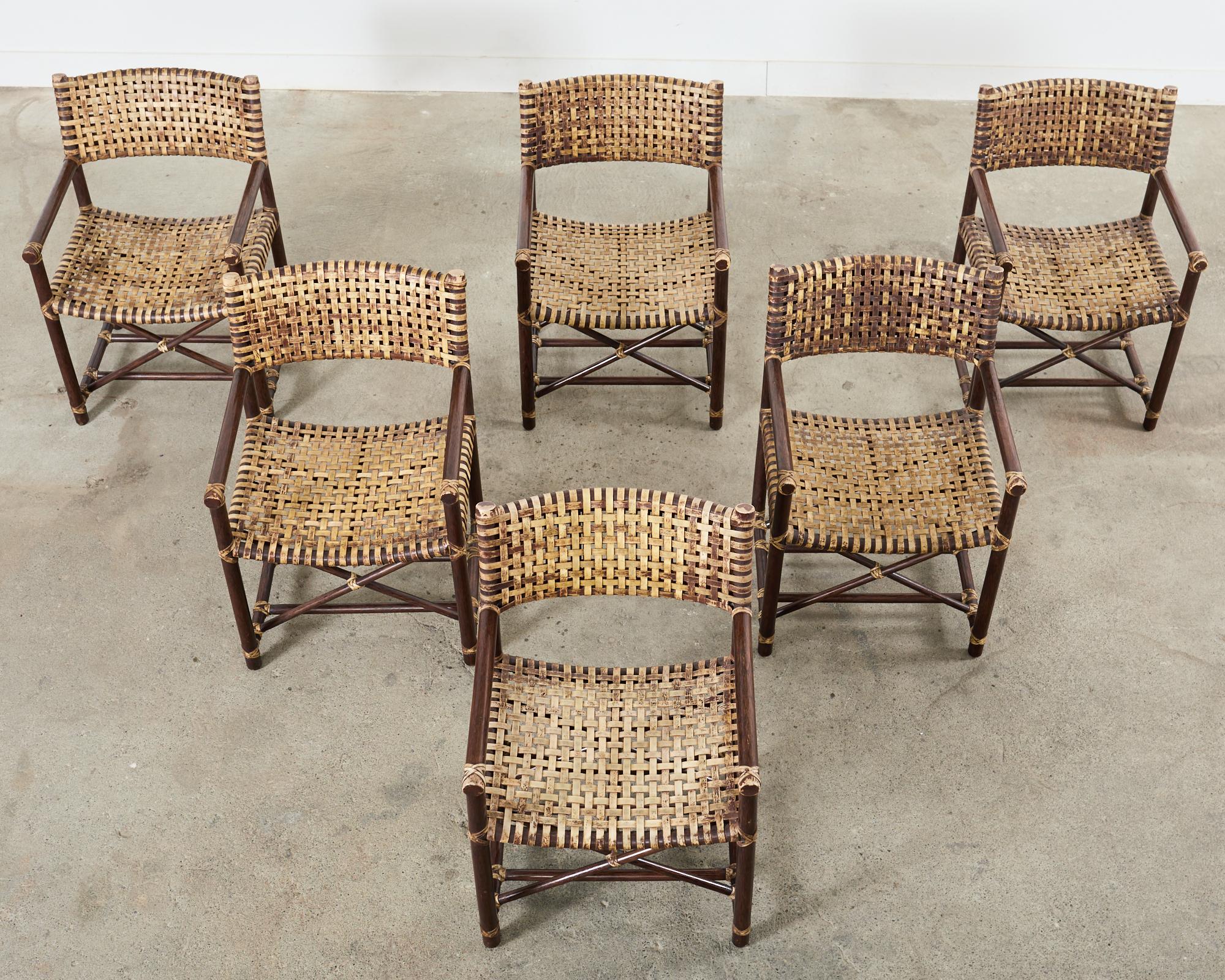 Organic Modern Set of Six McGuire Antalya Laced Rawhide Rattan Dining Armchairs  For Sale