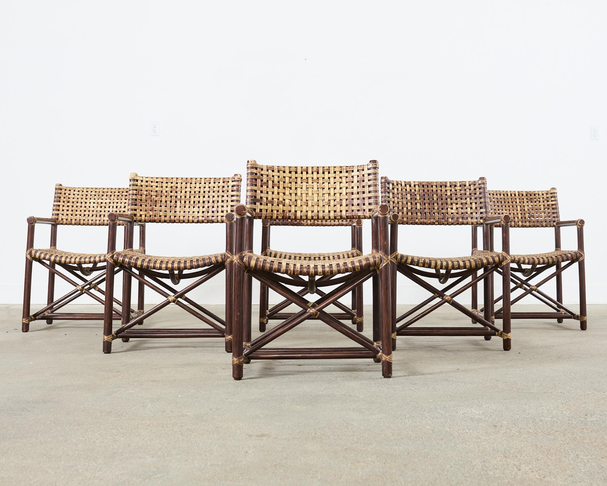 American Set of Six McGuire Antalya Laced Rawhide Rattan Dining Armchairs  For Sale