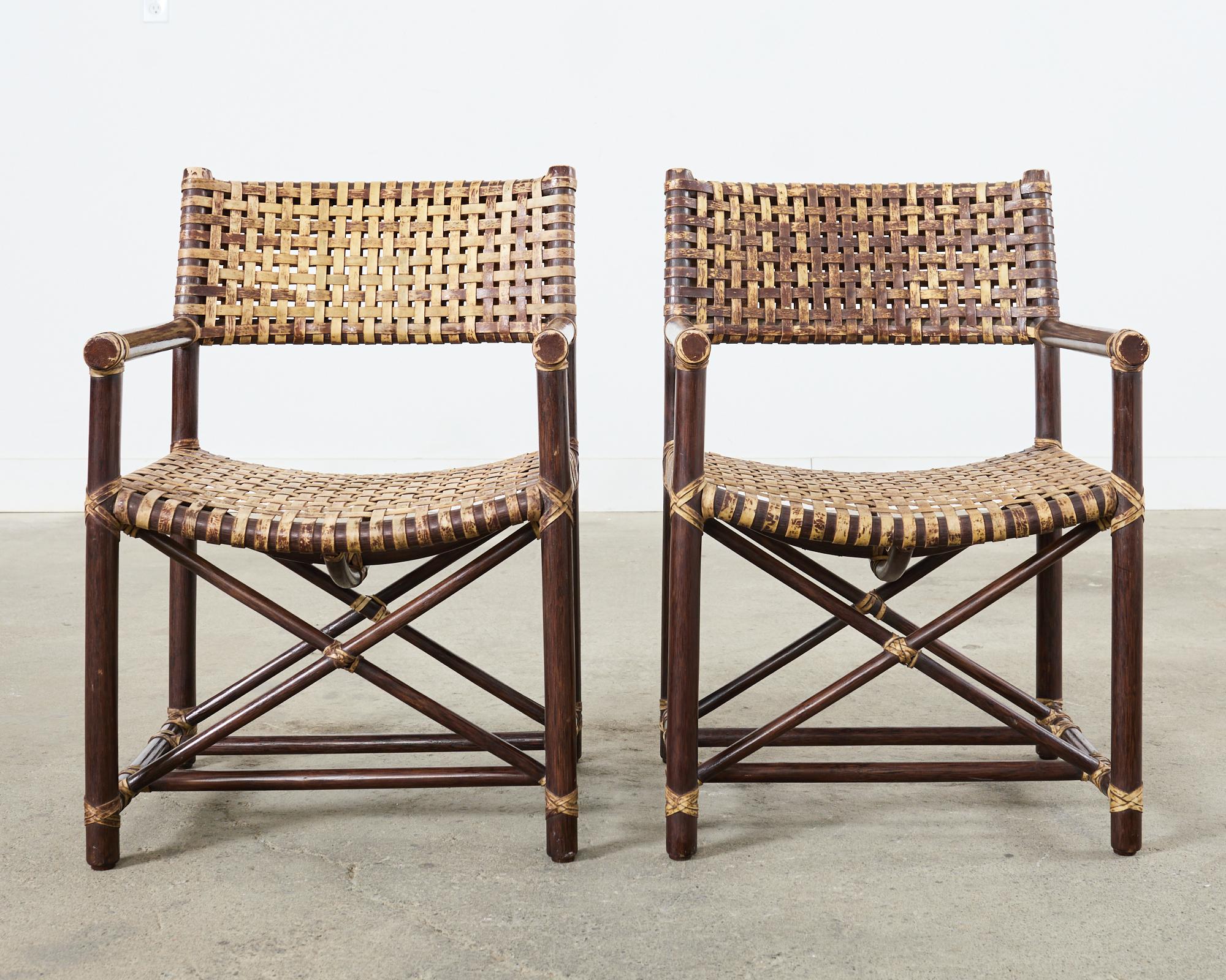 Hand-Crafted Set of Six McGuire Antalya Laced Rawhide Rattan Dining Armchairs  For Sale