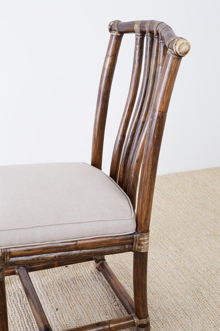 Set of Six McGuire Bamboo Rattan Linen Dining Chairs at 1stDibs