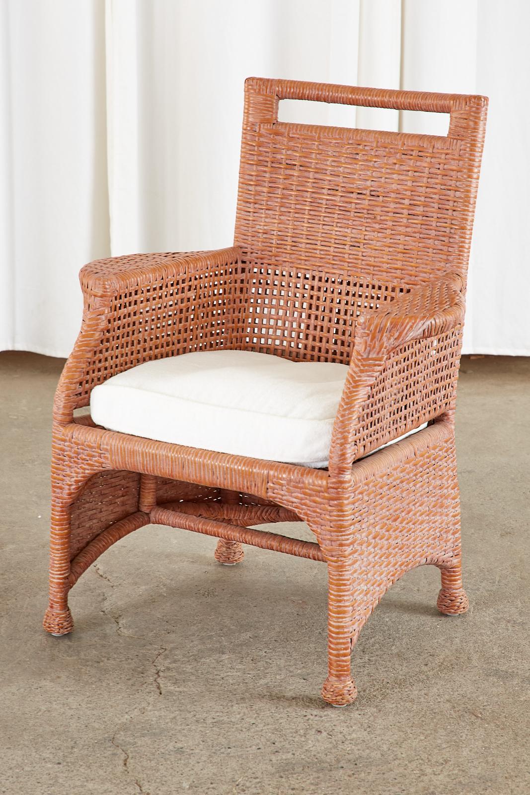 Organic Modern Set of Six McGuire Coral Wicker Rattan Dining Chairs For Sale