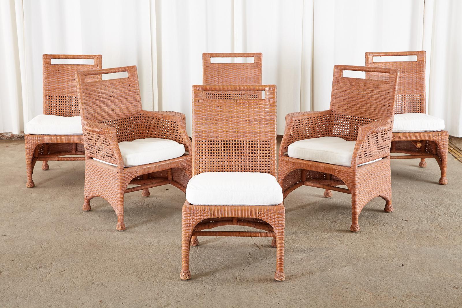 American Set of Six McGuire Coral Wicker Rattan Dining Chairs For Sale