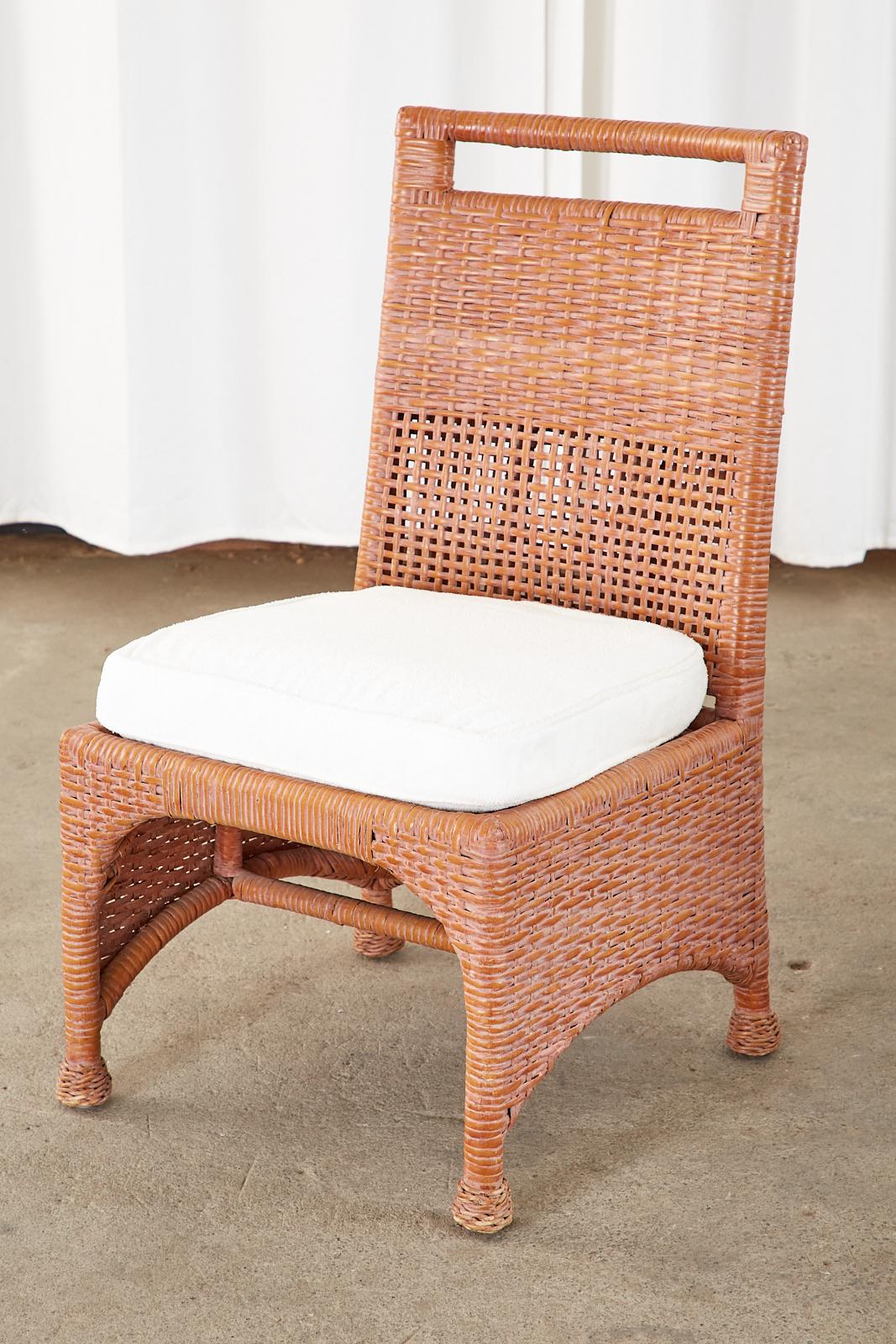Hand-Crafted Set of Six McGuire Coral Wicker Rattan Dining Chairs For Sale