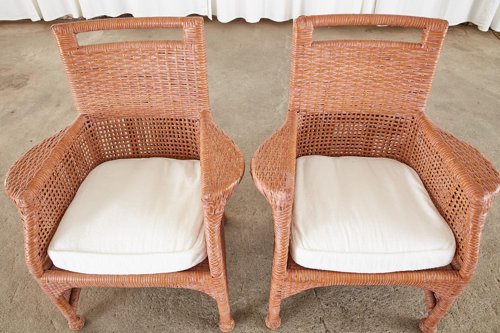 Fabric Set of Six McGuire Coral Wicker Rattan Dining Chairs For Sale